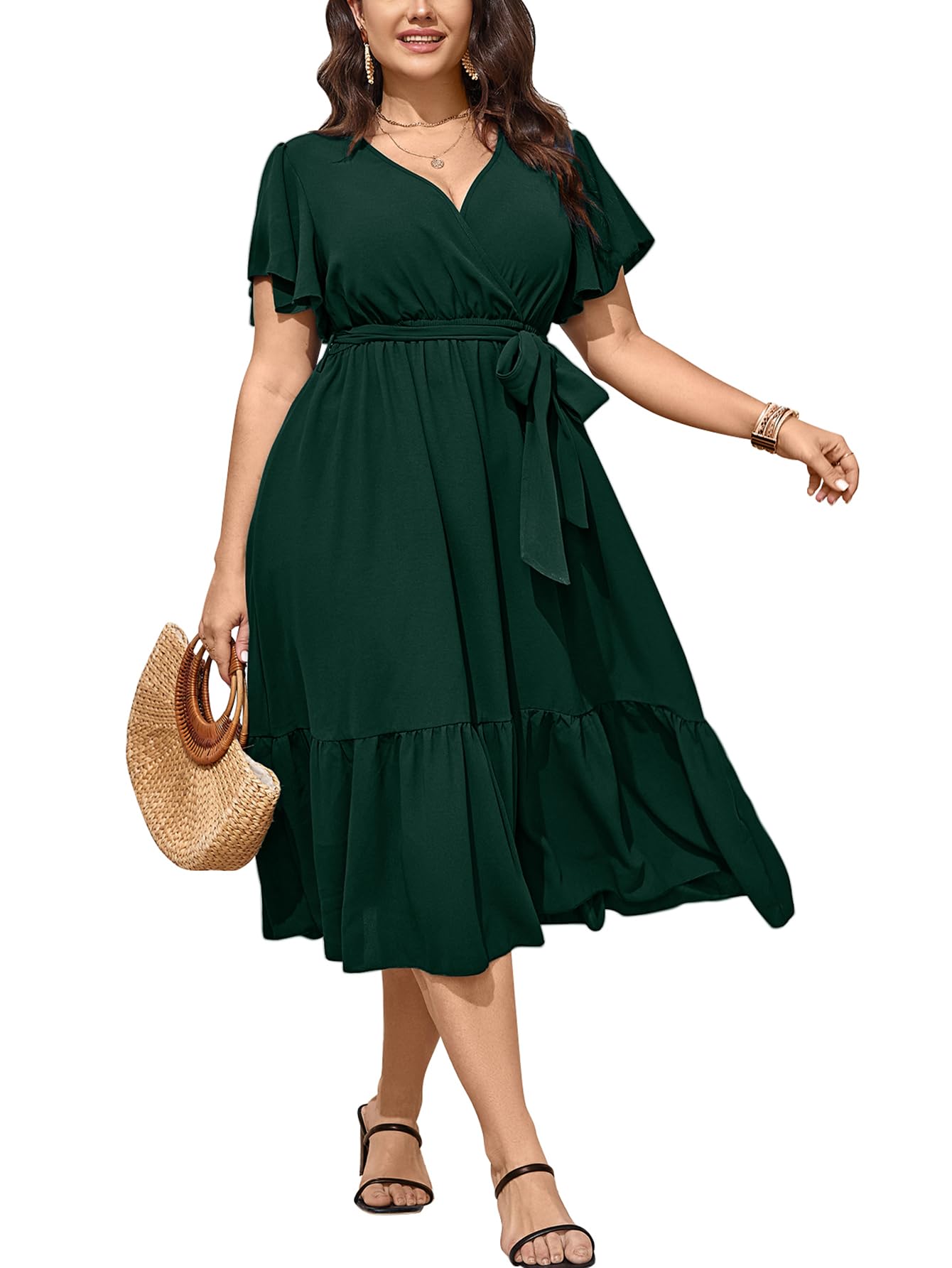 Elegant SCOMCHIC Plus Size Wedding Guest Dress - Summer Wrap V-Neck Short Sleeve with Belt & Ruffle Hem | Flowy A-Line Maxi Dress for Bridal Showers, Garden Parties & Formal Events