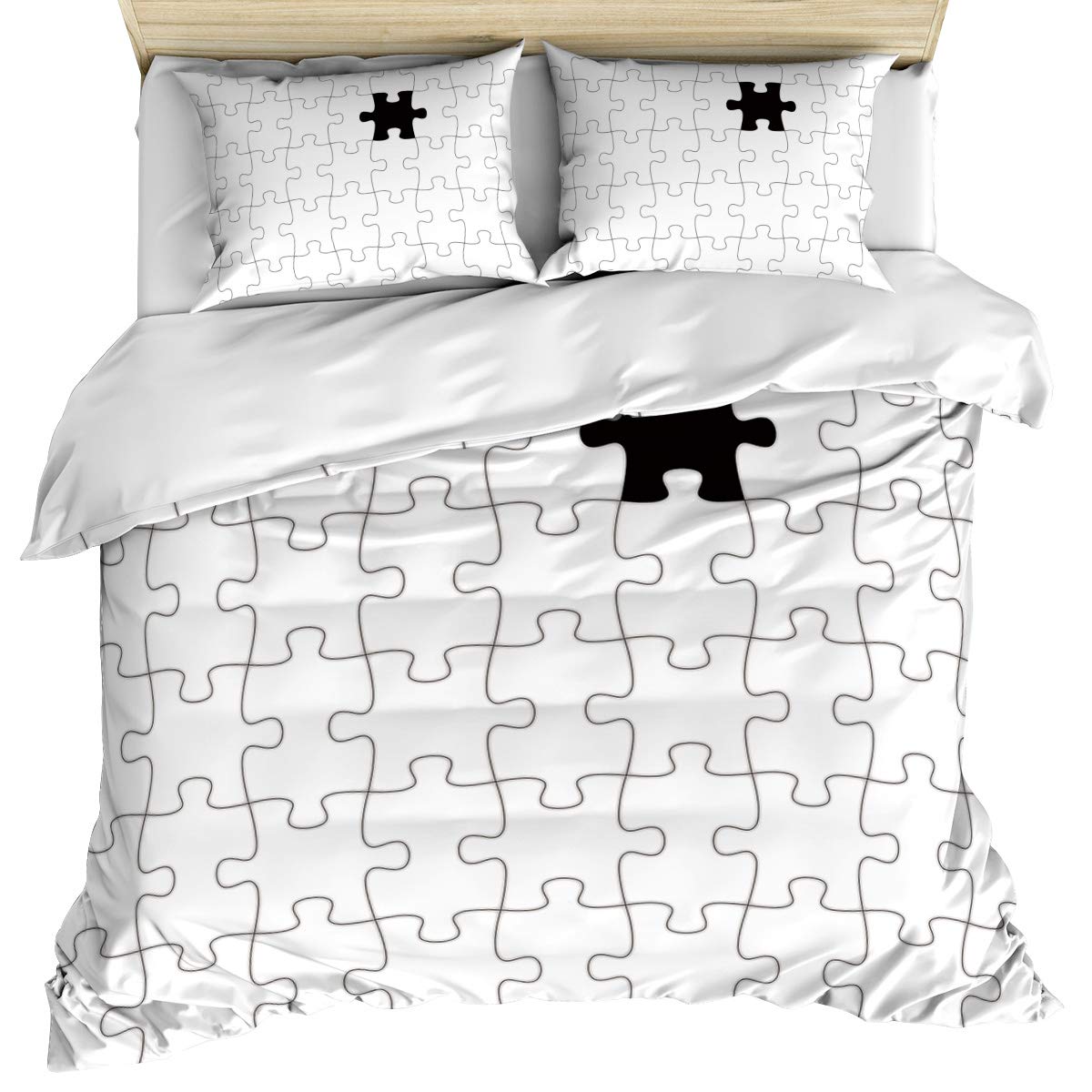 3-Piece Geometric Puzzle Black & White Duvet Cover Set with 2 Pillowcases - Reversible Microfiber All-Season Bedding for Twin Beds | Modern Home Decor & Guest Room Essentials