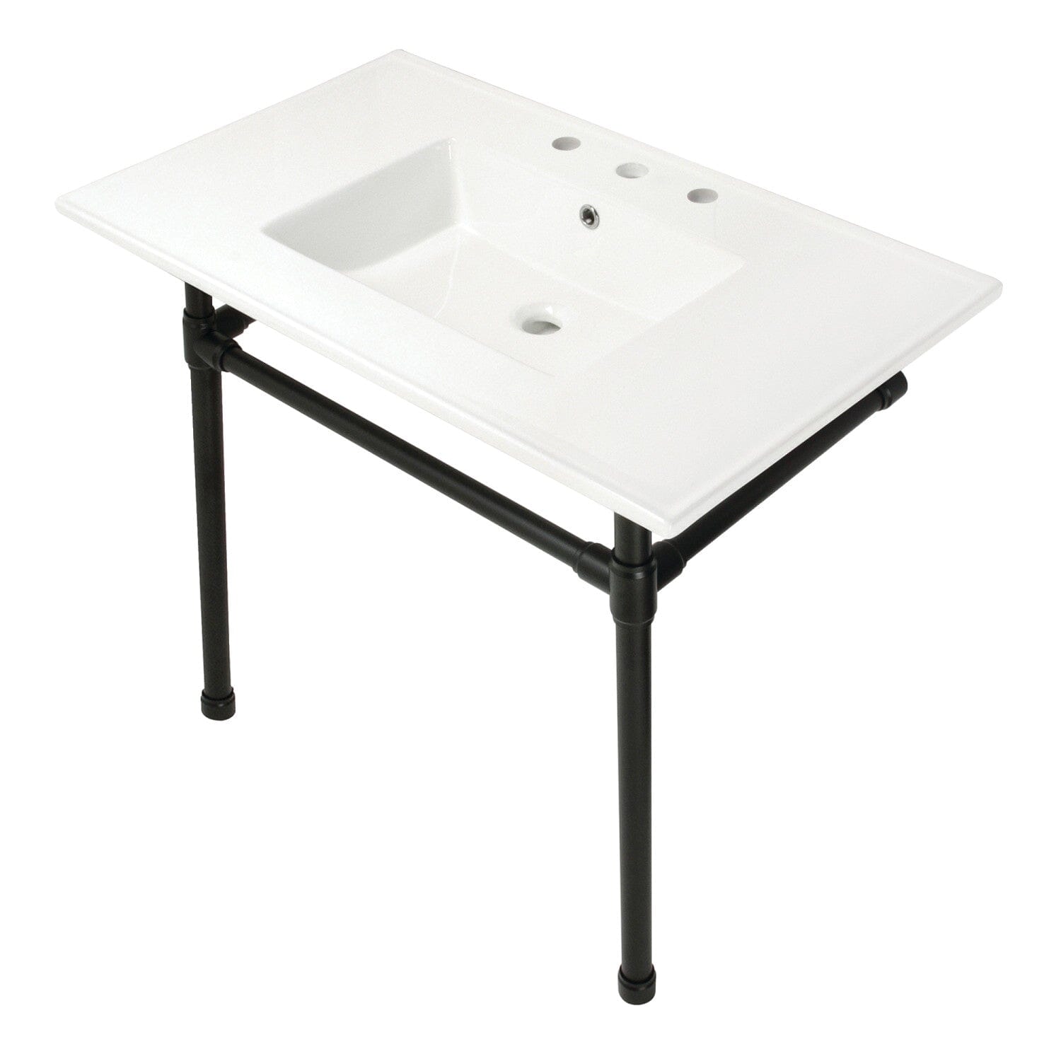 Dreyfuss 37 Inch White Ceramic Farmhouse Console Sink with Stainless Steel Legs - 8 Inch Center, 3 Hole Faucet Mount - Perfect for Bathroom Vanity, Powder Room & Farmhouse Style Decor