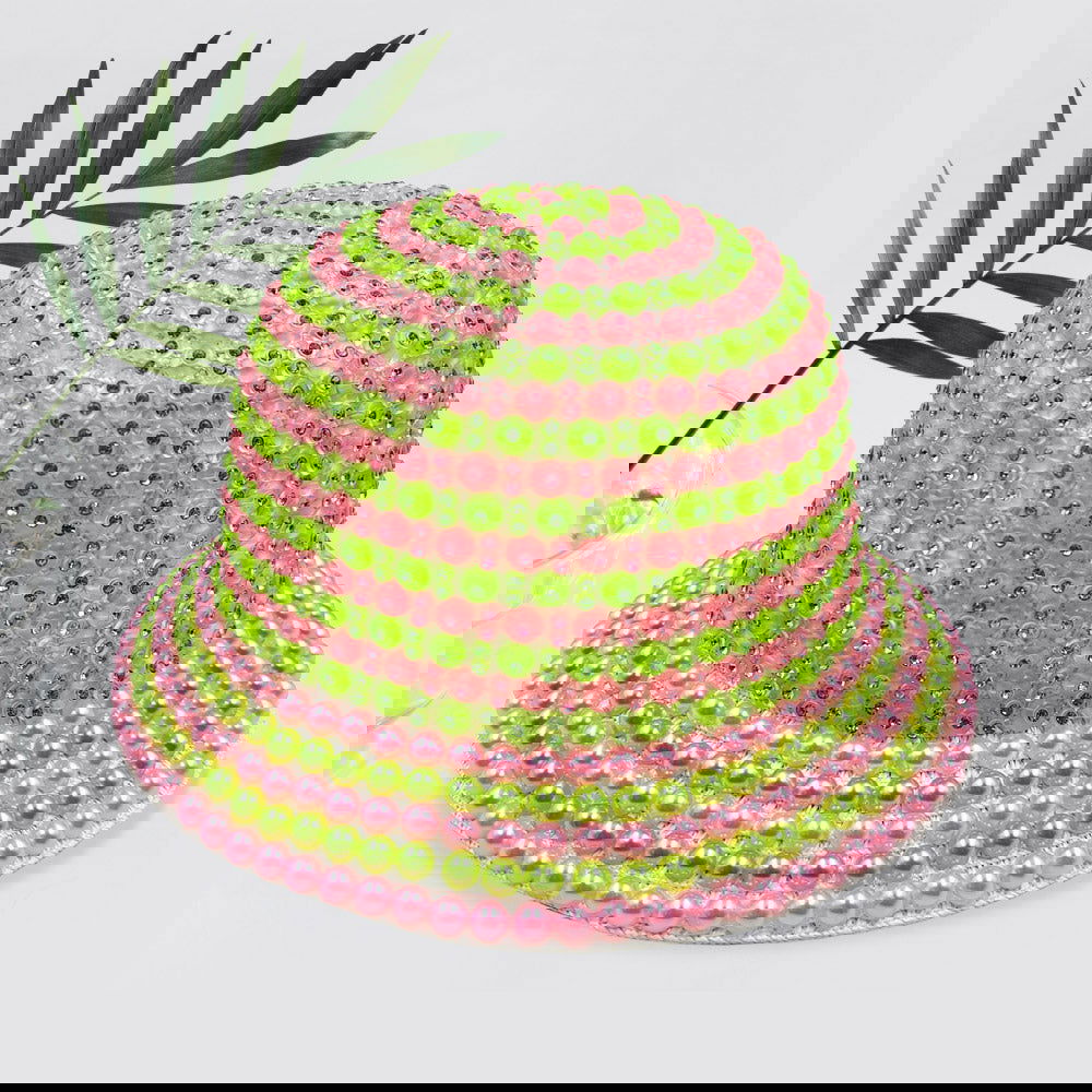 Stylish Pink and Green Pearl Rhinestone Bucket Hat for Women - Fashion Summer Sun Hat with Beaded Embellishments - Perfect for Beach, Music Festivals, and Outdoor Activities