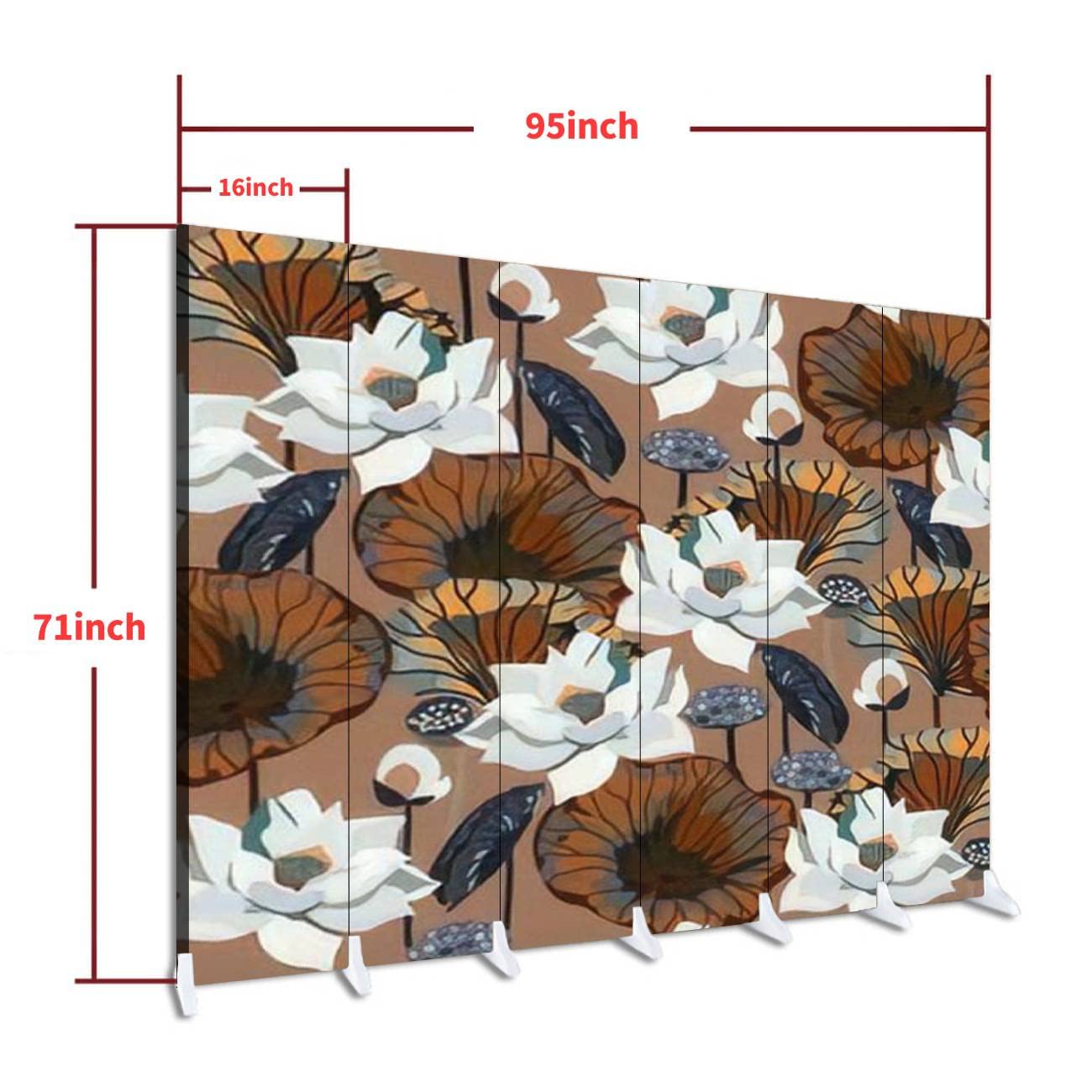 Brown Wooden Room Divider with Lotus Flowers - 6-Panel Folding Privacy Screen for Home & Office - Dual-Sided White Floral & Dark Leaf Design - Perfect for Indoor Spaces, Bedroom Partition, and Decorative Display