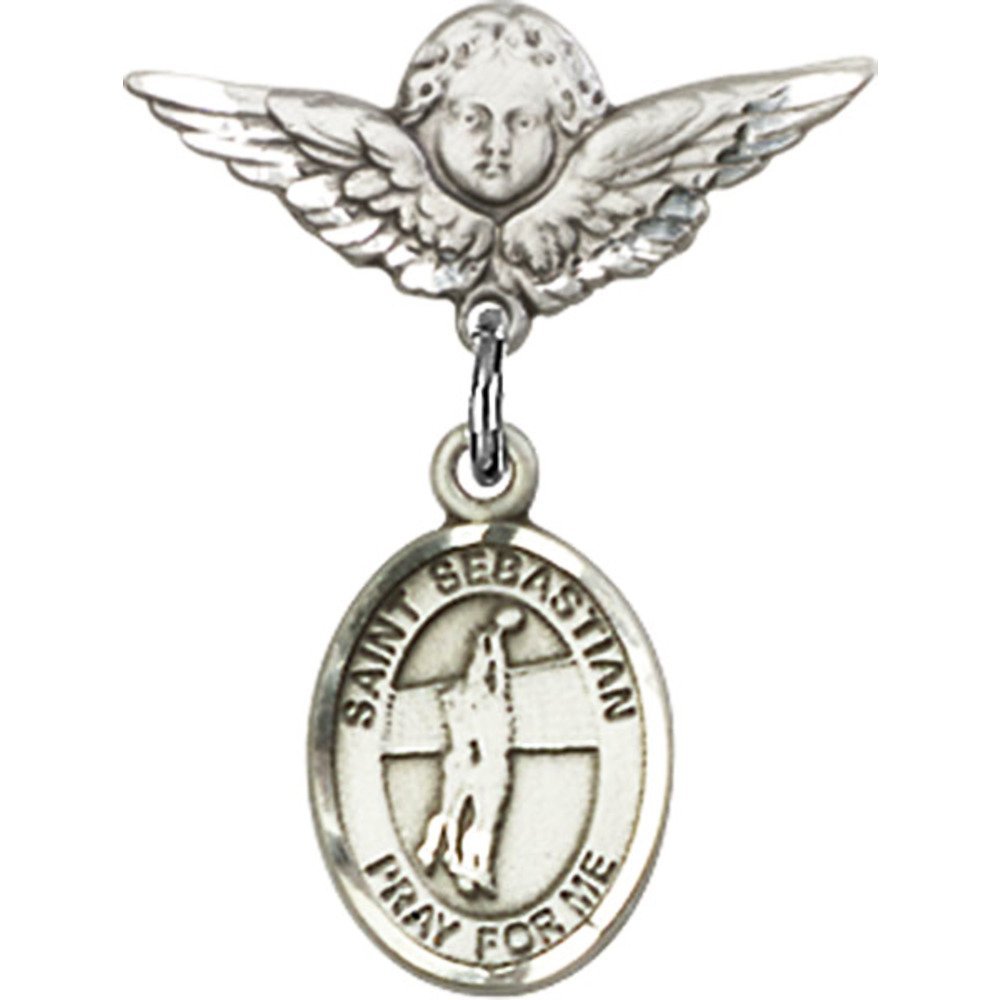 St. Sebastian Sterling Silver Baby Badge with Volleyball Charm & Angel Wing Pin - 7/8