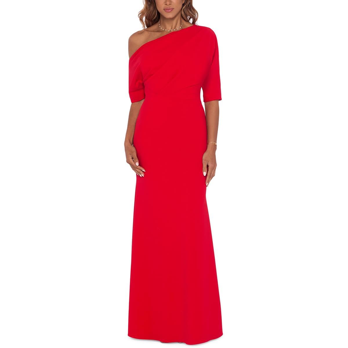 Betsy & Adam Women's Long One Sleeve Off Shoulder Scuba Crepe Sheath Gown - Elegant Formal Dress for Evening Parties, Prom, Cocktail Events & Special Occasions