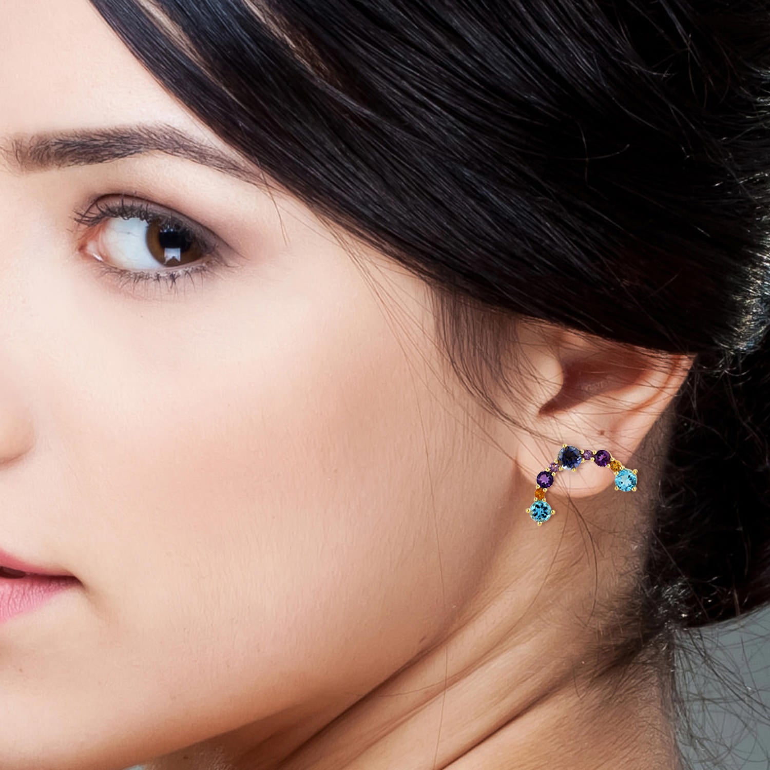 Blue Topaz Amethyst Multi Gemstone Stud Earrings in 14K Yellow Gold - Elegant Jewelry for Women, Perfect for Weddings, Parties & Everyday Wear