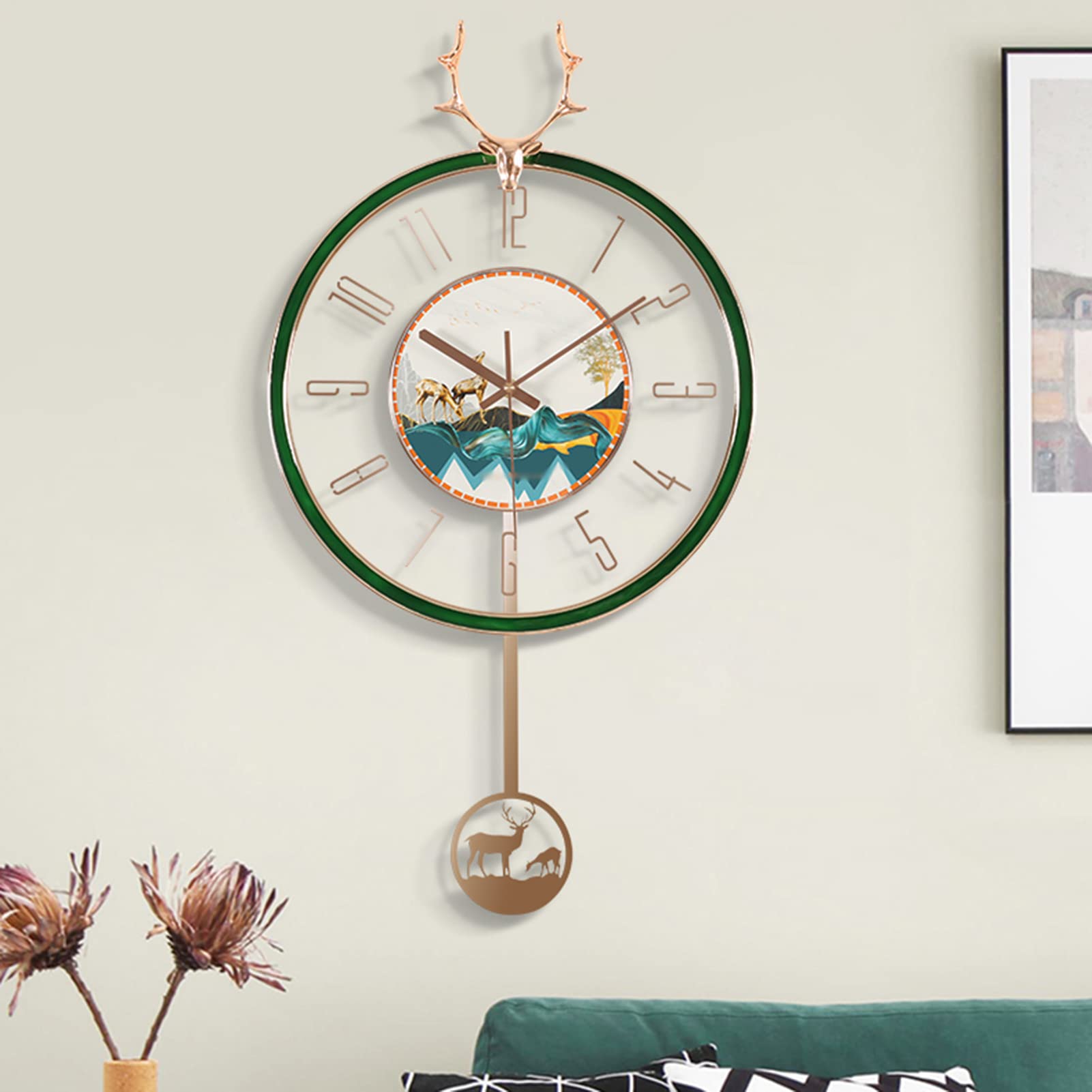 Modern Deer Art Silent Non-Ticking Pendulum Wall Clock - Green Decorative Wall Clock for Living Room, Bedroom & Office - Perfect Home Decor & Gift Idea