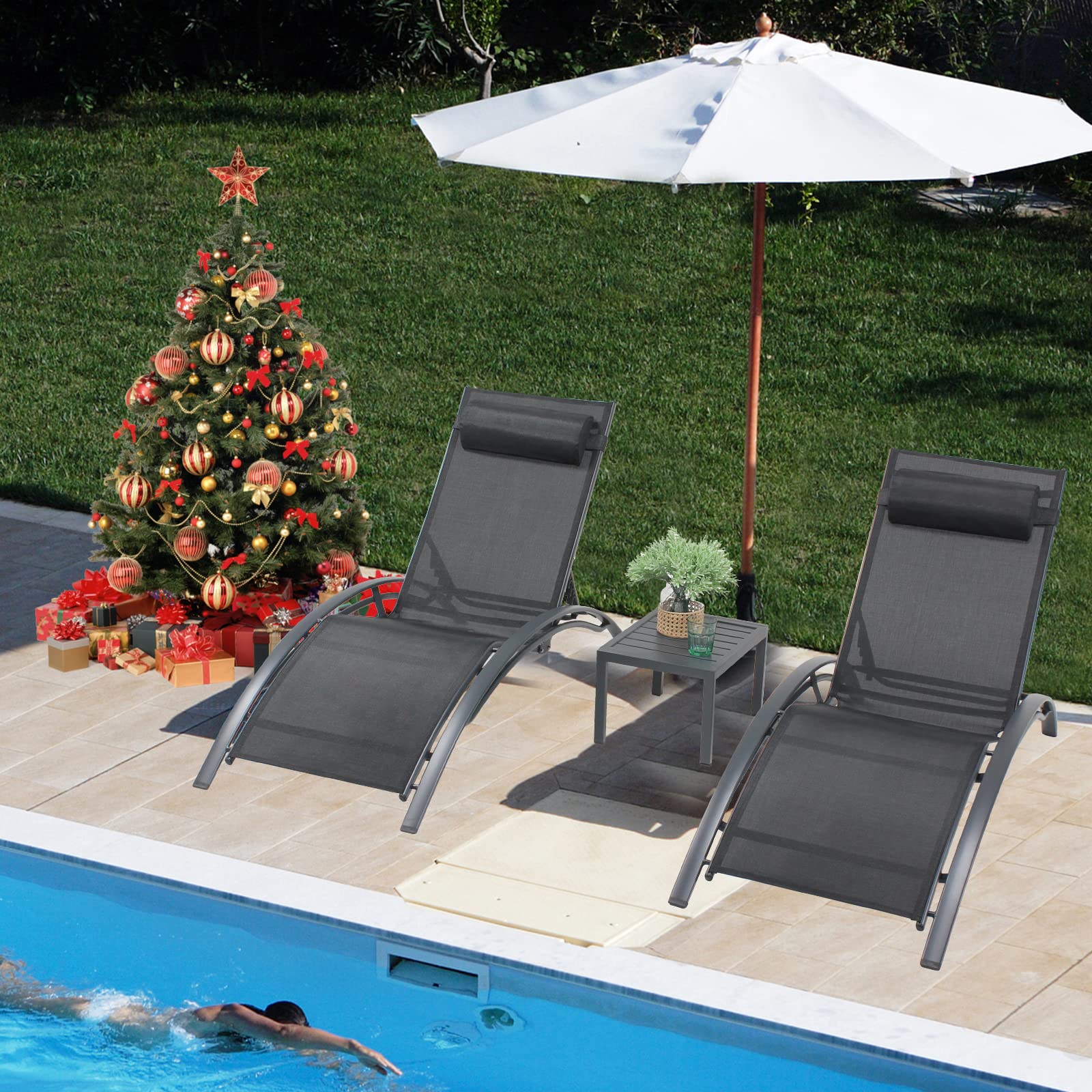 VARVIND 3-Piece Aluminum Patio Chaise Lounge Chair Set with Adjustable Headrest - Outdoor Sunbathing, Poolside Tanning & Reclining Lounge Chairs with Side Table - Perfect for Beach, Garden, Lawn & Backyard Relaxation (Black)