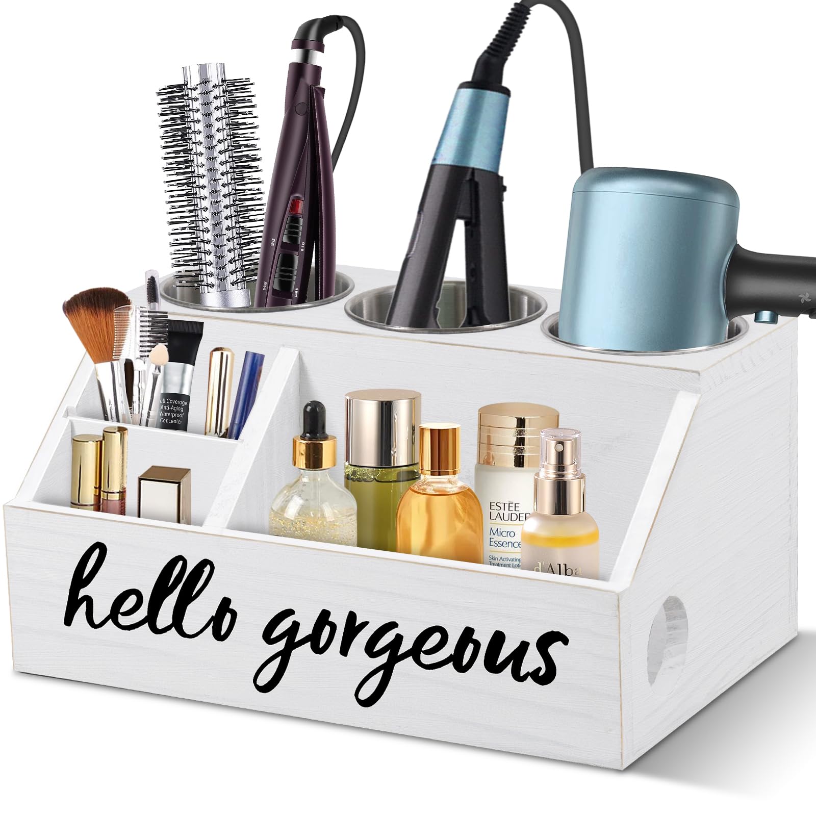 Anwelynd Wooden Hair Tools Organizer - Rustic Bathroom Countertop Storage Stand for Hair Dryer, Curling Iron & Straightener | Vanity Caddy for Styling Accessories | Perfect for Home, Salon & Spa Organization