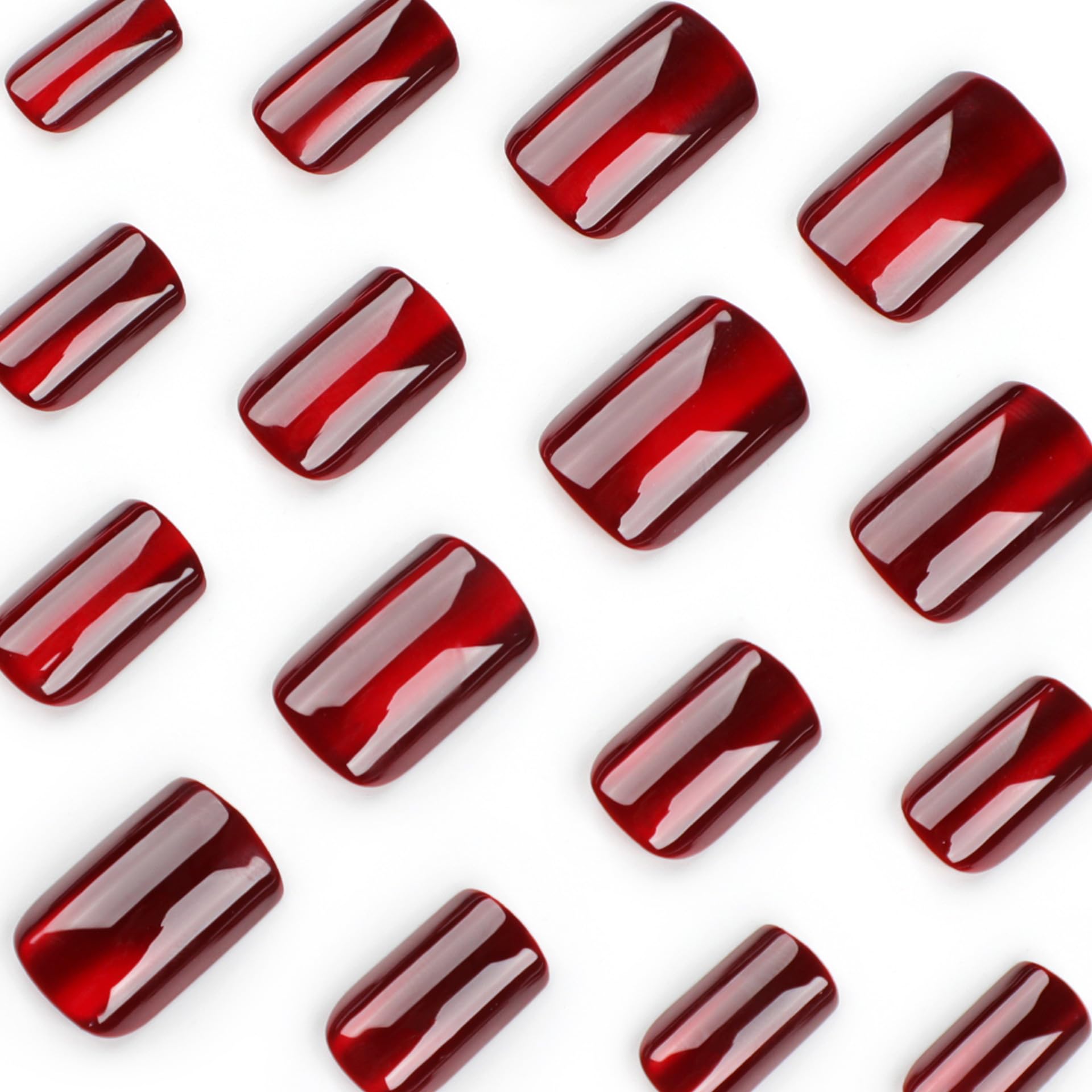 24PCS Red Square Fake Nails - Red Cat Eye Press On Nails with Glossy Gradient | Reusable Acrylic Nail Kit in 12 Sizes | Natural Stick On Nails (Wine Red Cat Eye) for Parties, Weddings & Special Occasions