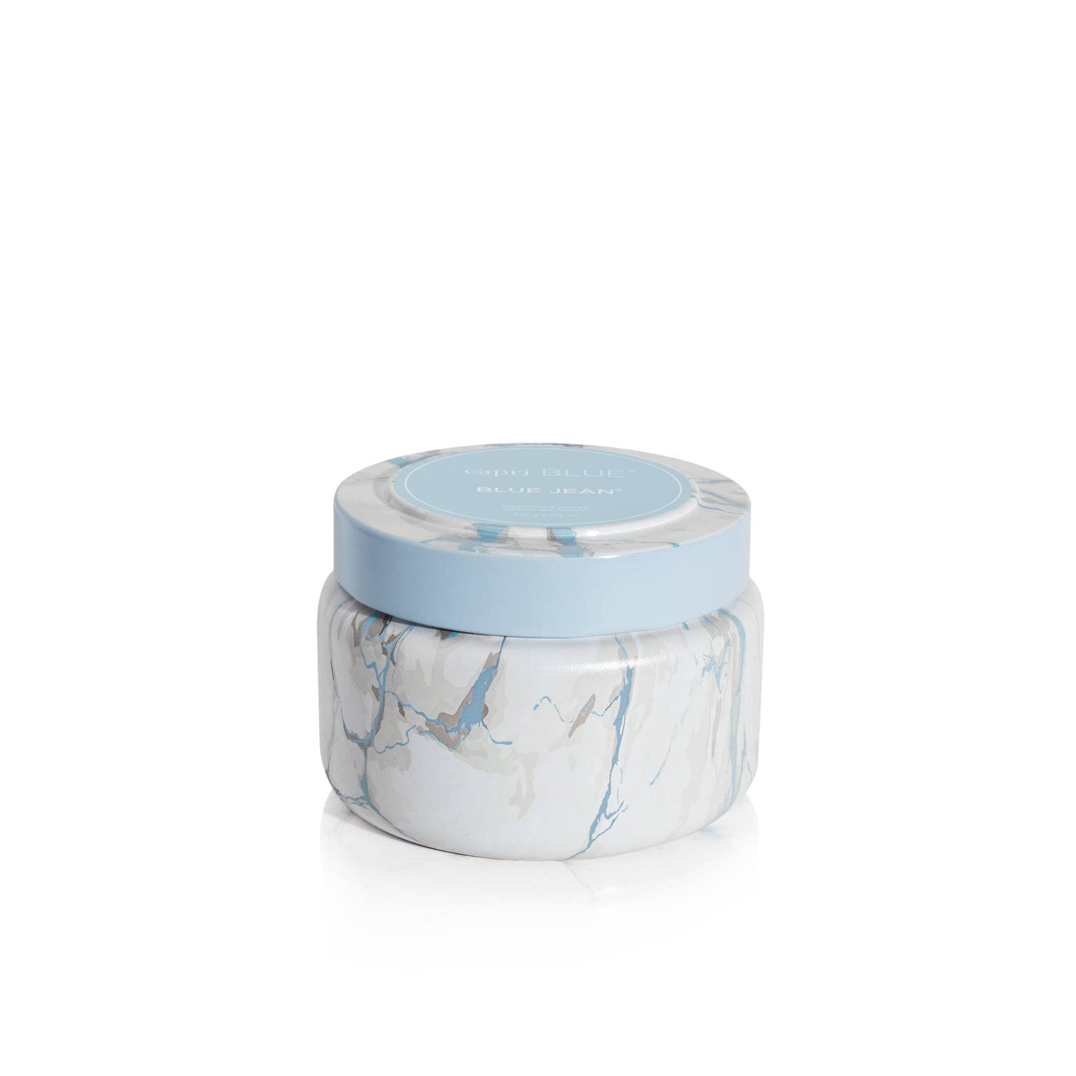 Capri Blue Modern Marble Printed Travel Tin Jar Candles - Luxury Scented Soy Wax Candles for Home Decor, Gifts & Relaxation - Long Lasting 8.5oz Blue Jean Scent - Perfect for Bedroom, Bathroom & Living Room Aromatherapy