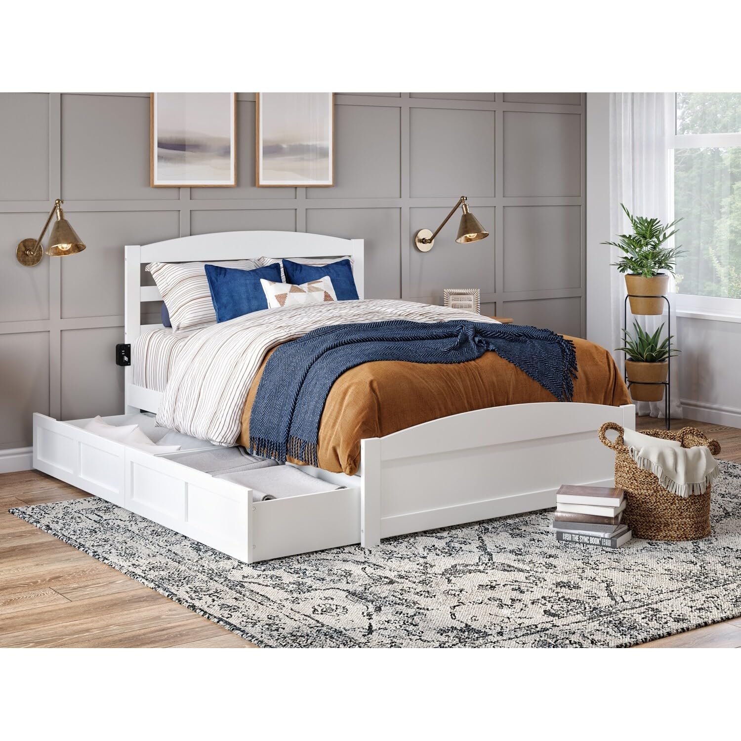 AFI Warren Queen Size Platform Bed with Storage & USB Charging Station - Modern White Wooden Bed Frame with Footboard for Bedroom, Guest Room, or Dorm