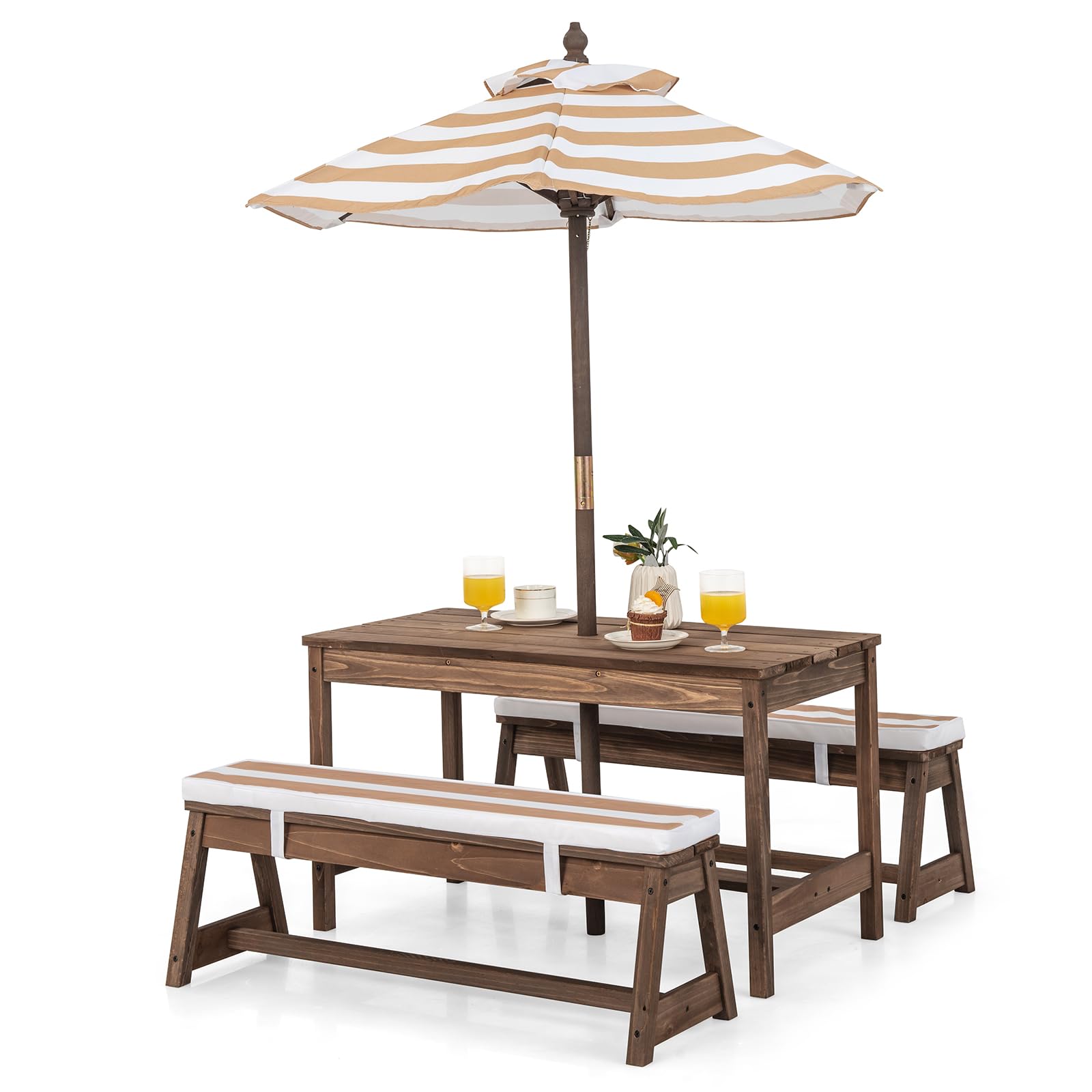 HONEY JOY Kids Picnic Table Set - Outdoor Wooden Table & Bench with Removable Cushions & Umbrella - Striped Fabric Children's Backyard Furniture for Patio, Garden, Playground - Perfect Gift for Toddler Boys & Girls Ages 3+ (Coffee) - Ideal for Outdoor Play, Birthday Parties & Family Gatherings