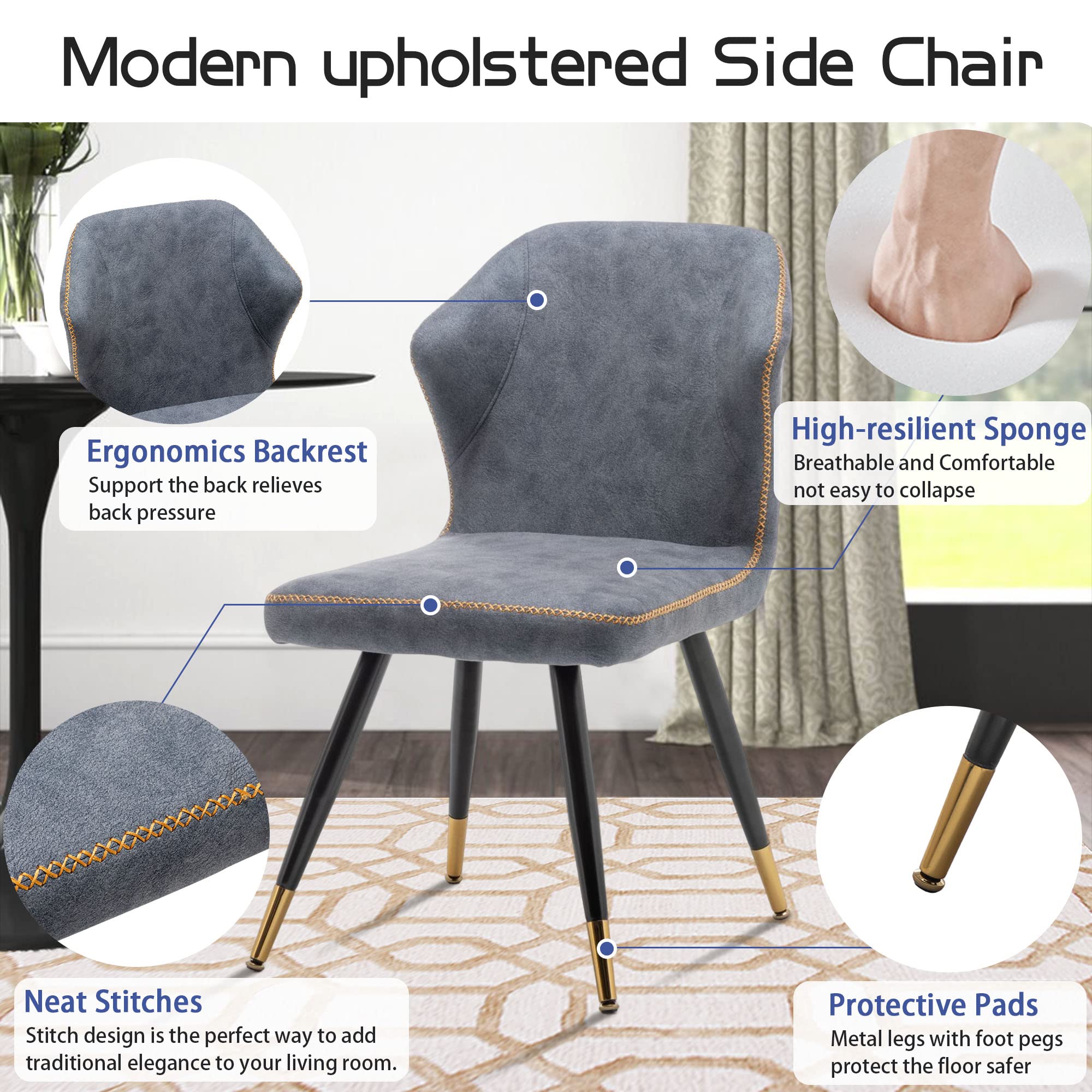 WENTMENT 2-Piece Upholstered Dining Chair Set with Sturdy Metal Legs - Comfortable Kitchen Chairs for Living Room, Office & Bedroom (Dark Grey) - Perfect for Small Spaces, Breakfast Nooks & Compact Dining Areas