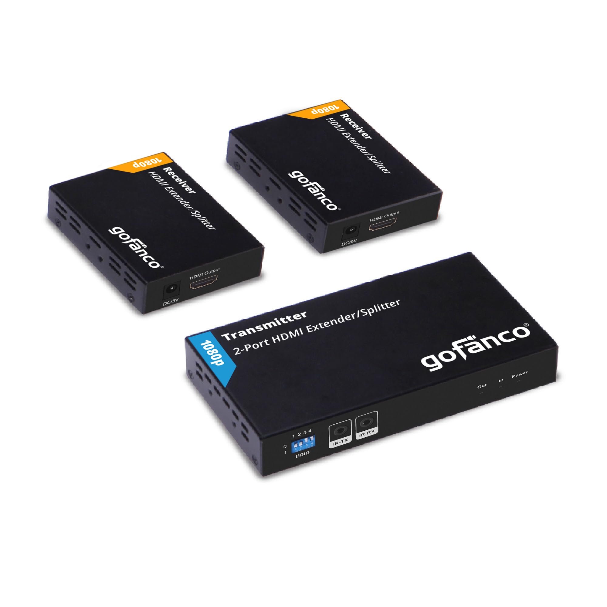 gofanco 1080p HDMI Extender Splitter 1x2 Over CAT5e/6/7 Ethernet Cable - 50m/165ft Range, Loopout, EDID Management, Bi-Directional IR - Perfect for Home Theater & Multi-Room AV Setup (HDExt2P-Pro)
