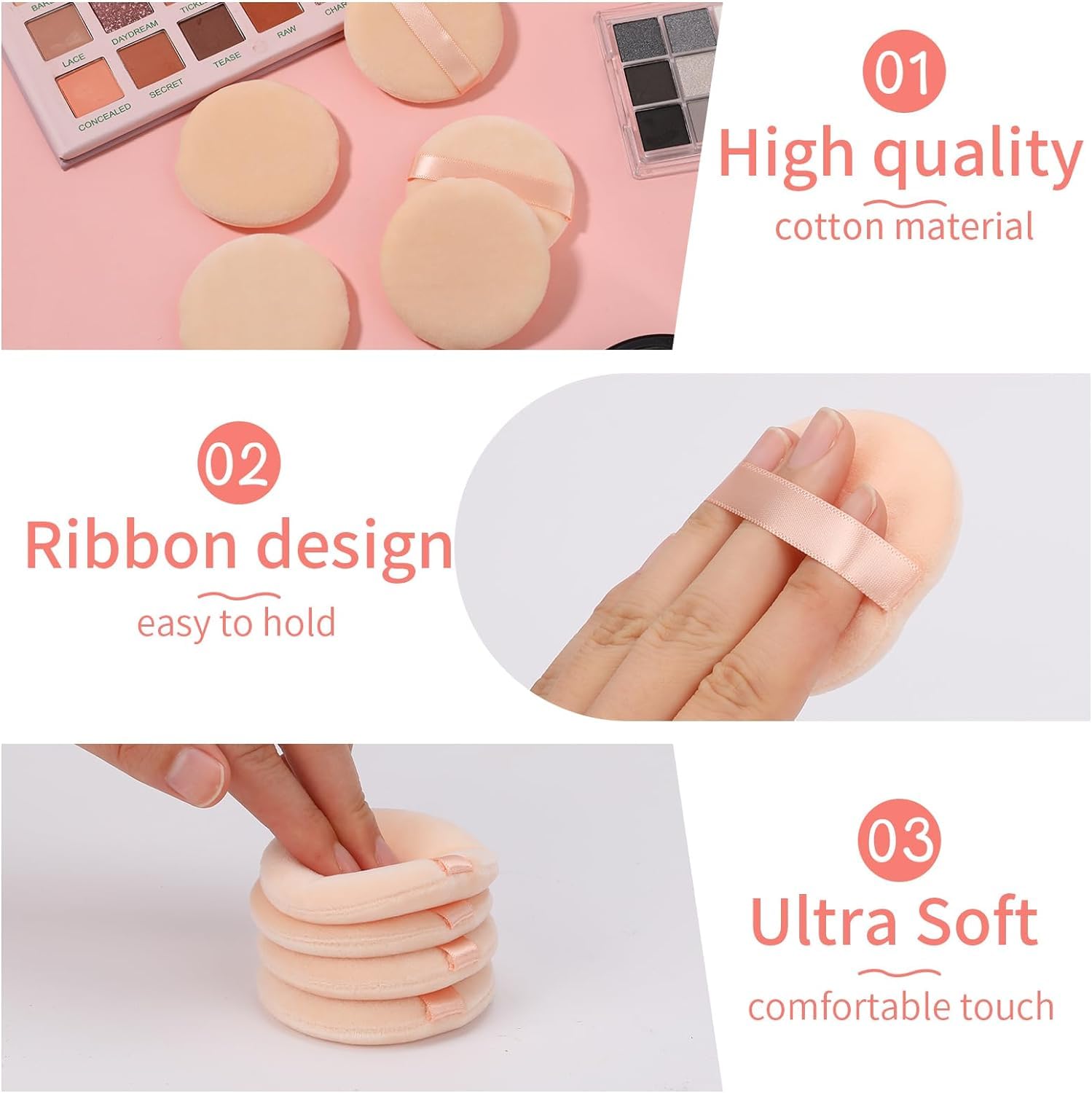 Velour Powder Puffs for Face Makeup - 10 Pack Soft Pure Cotton Cosmetic Puff Applicators with Ribbon for Powder Foundation & Setting Powder - Perfect for Travel, Touch-ups & Professional Makeup Kits