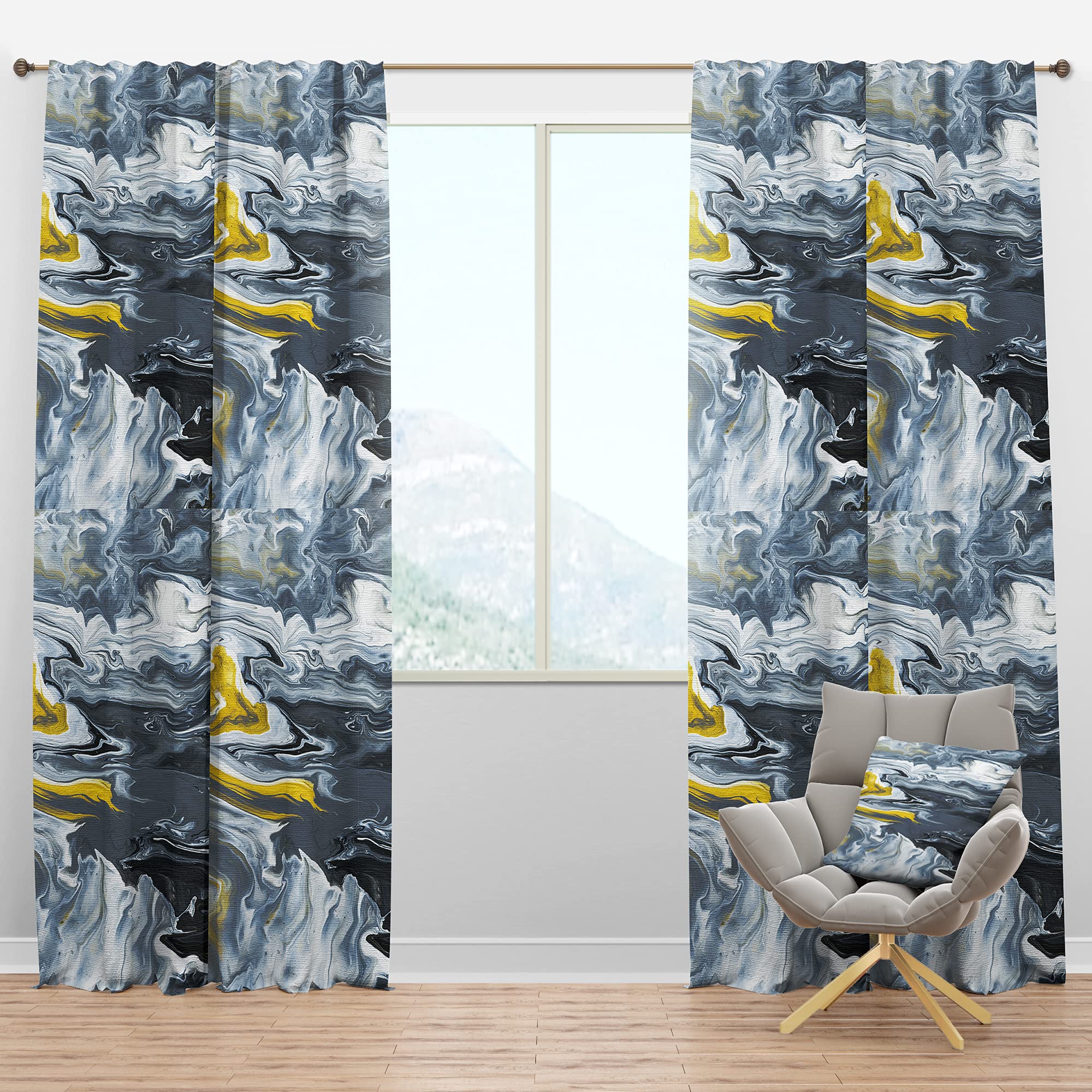 DesignQ Blackout Curtains - Thermal Insulated Hand-Painted Marble Acrylic Window Drapes in Yellow, Grey & White - 52x120 Inches Single Panel for Bedroom & Living Room - Perfect for Light Blocking, Privacy & Energy Efficiency