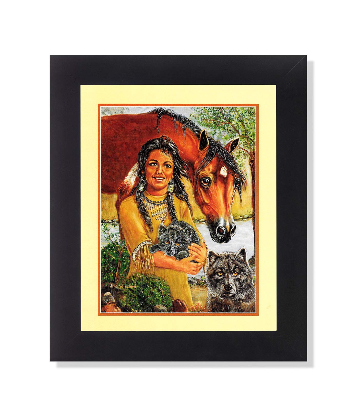 Native American Indian Girl with Wolf and Horse Framed Wall Art Print - 8x10 Inches Black Picture for Home, Office & Nursery Decor