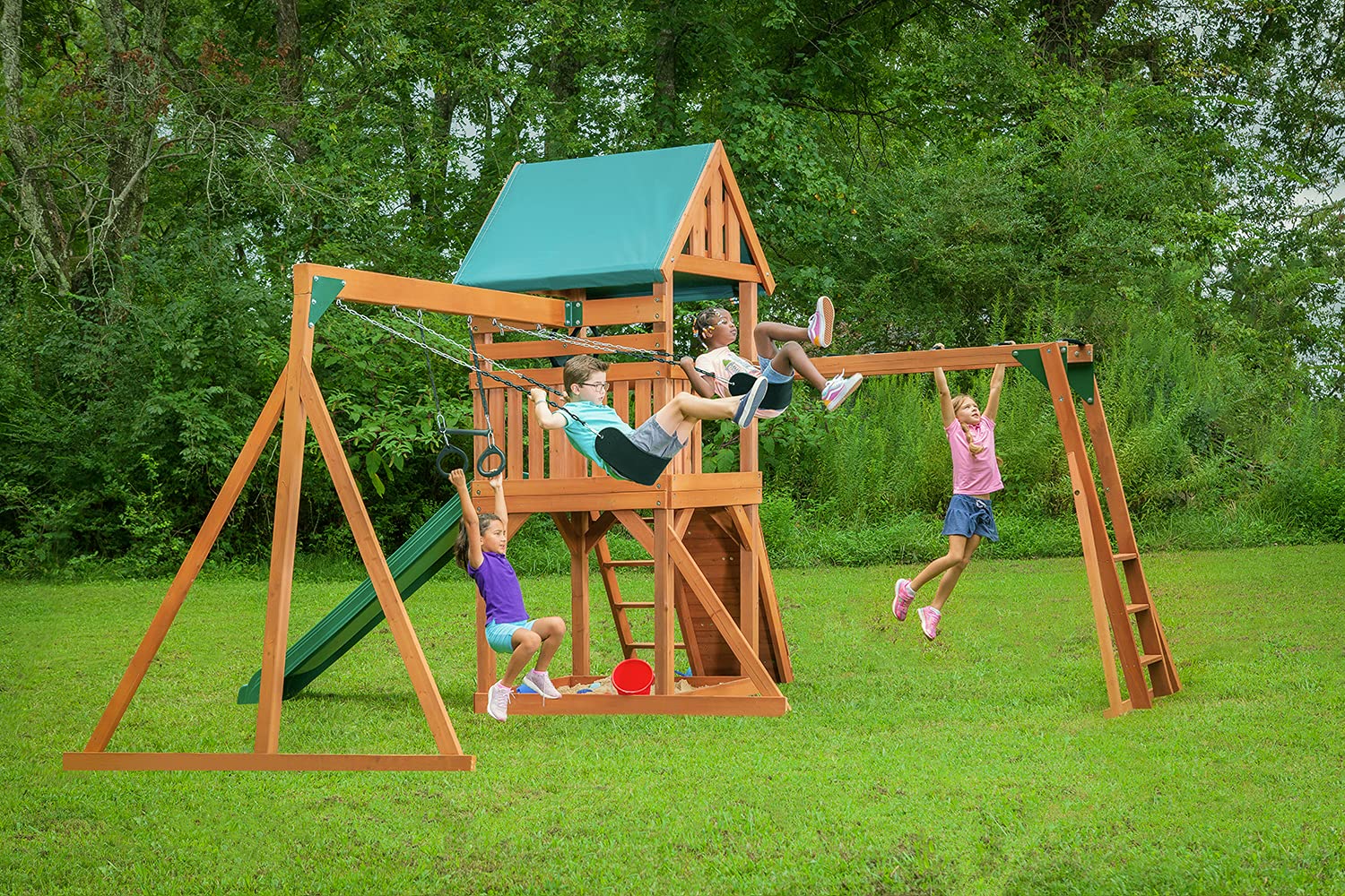 Mountain View Wooden Swing Set with Tarp Roof - Customizable Accessories & Slide Colors (Green Options) - Perfect for Backyard Playgrounds & Outdoor Family Fun
