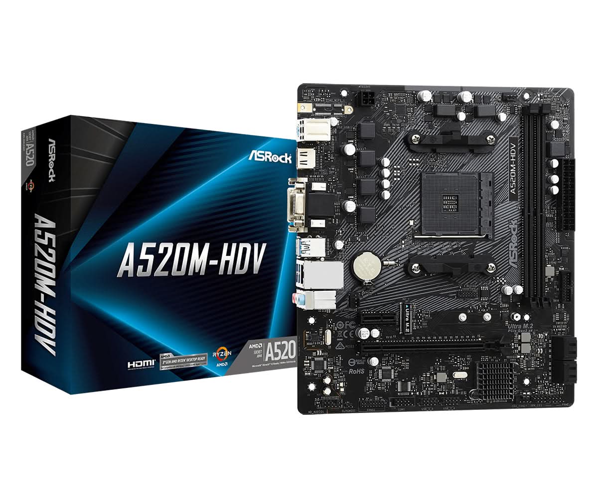 ASRock A520M HDV Micro ATX Motherboard for AMD Ryzen AM4 Socket - Perfect for Gaming, Home Office & PC Builds