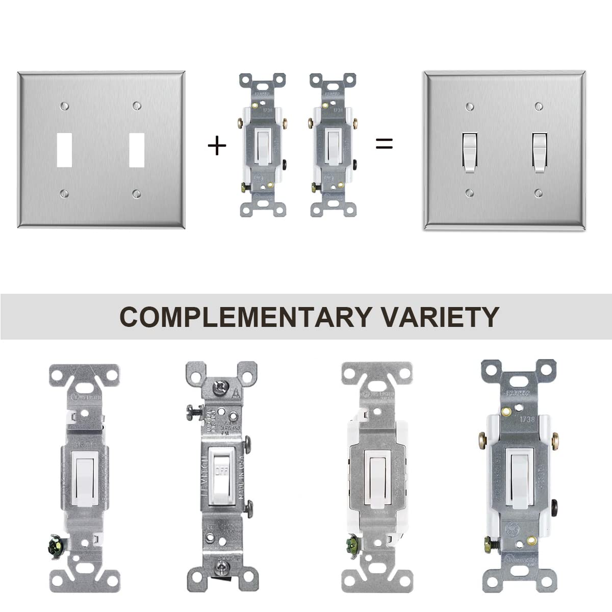 Stainless Steel Double Light Switch Cover - 2 Gang Metal Wall Plate Toggle Switch Plate Covers (4-Pack) - Perfect for Home, Office & Commercial Electrical Upgrades