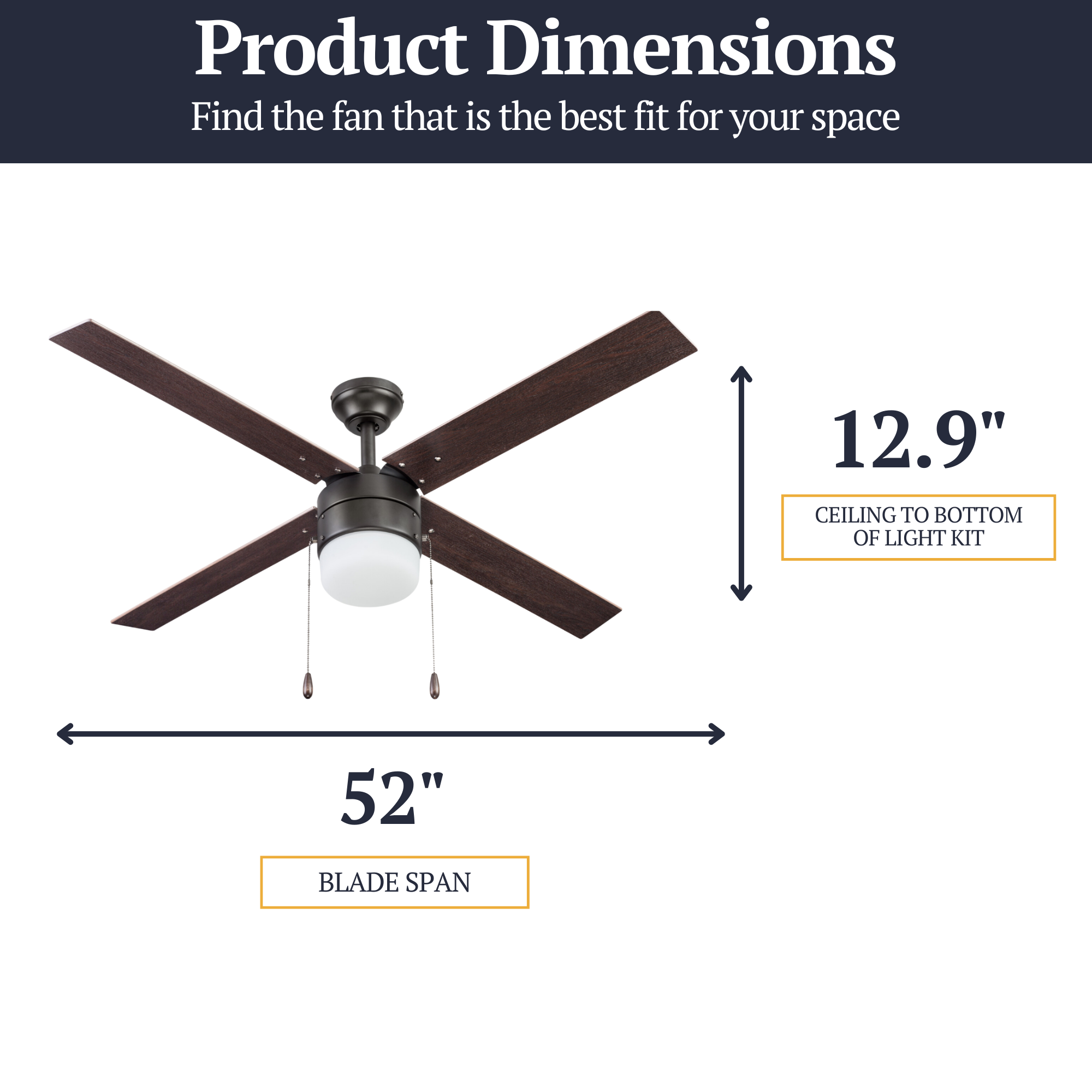 52 Inch Espresso Bronze Ceiling Fan with Pull Chain - Modern Indoor Cooling Fan for Living Room, Bedroom, and Office