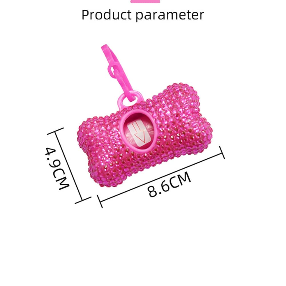 Bling Dog Poop Bag Dispenser Holder - Bone Shaped Hot Pink Pet Waste Disposal System with Trash Bags for Easy Cleanup - Perfect for Walking Dogs in Parks, Backyards & Neighborhoods
