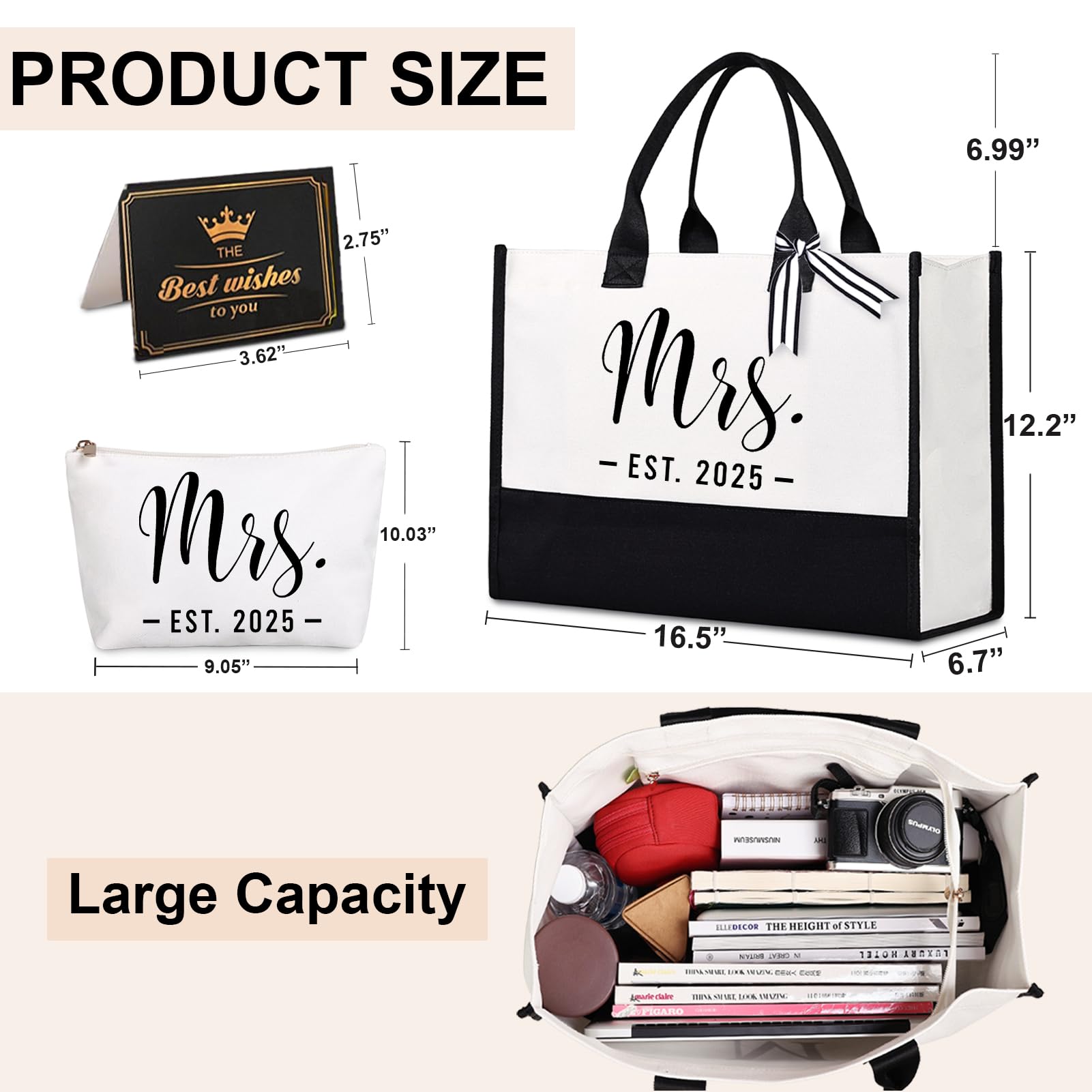 Lamyba Bride Tote Bag - Elegant Wedding Gift for Bride to Be, Bridal Shower & Bachelorette Party Essential with Makeup Pouch & Interior Pockets (Black/White) - Perfect for Wedding Day, Honeymoon & Bridal Events