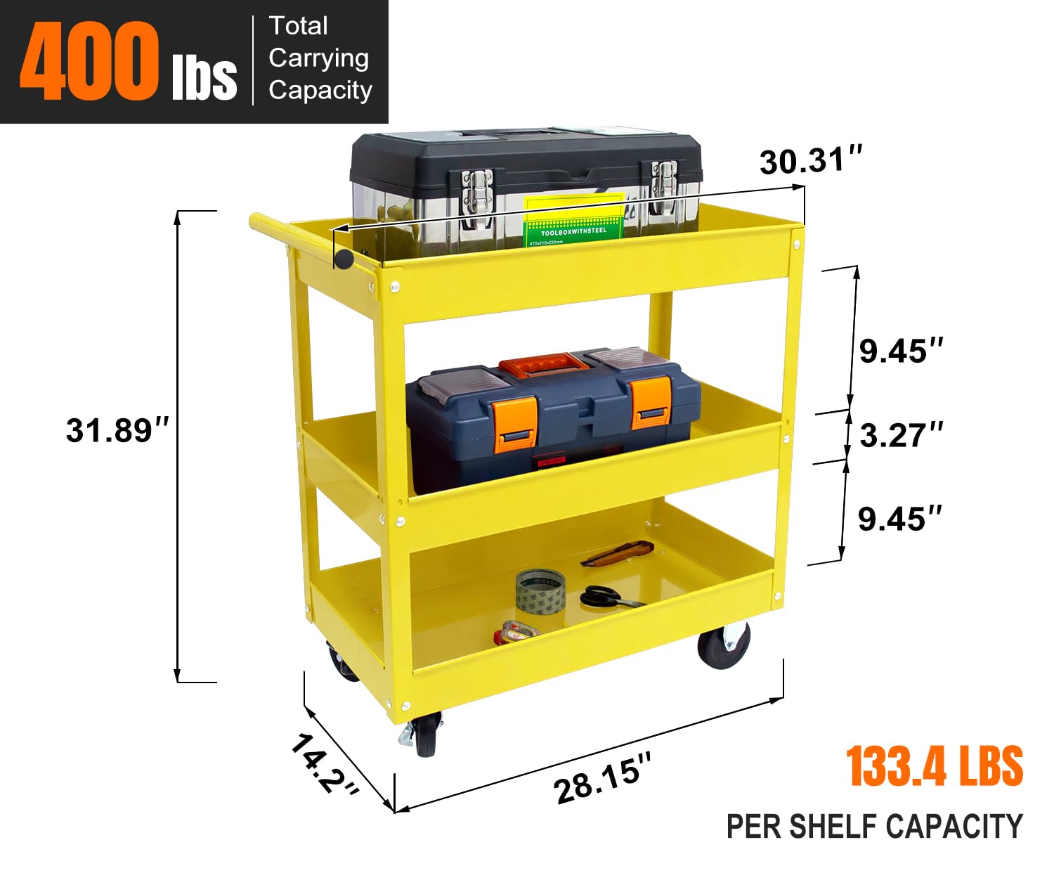 30in Large Steel Service Cart with Wheels - Heavy Duty 3-Tier Metal Utility Cart - 400 lbs Capacity Rolling Tool Cart for Workshop, Garage & Industrial Use - Yellow