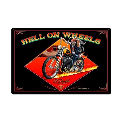 Larry Grossman Hell On Wheels Vintage Metal Sign - Authentic Made in USA Heavy Gauge Steel Wall Decor for Garage, Man Cave & Bar