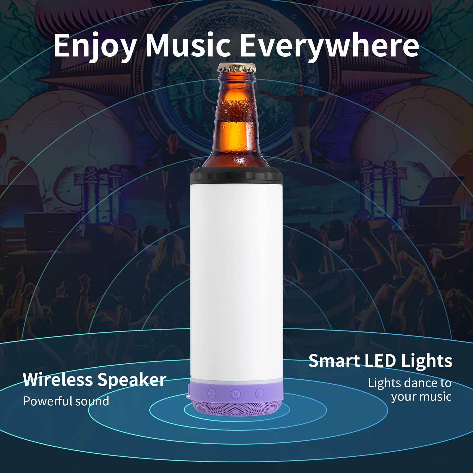 INSTOME 4-in-1 Sublimation Can Cooler with Bluetooth Speaker - 16oz Insulated Music Can Cooler with Detachable LED Light for Beer, Soda & Cocktails - Perfect for Summer Beach Parties, Poolside Drinks & Outdoor BBQs (Purple)