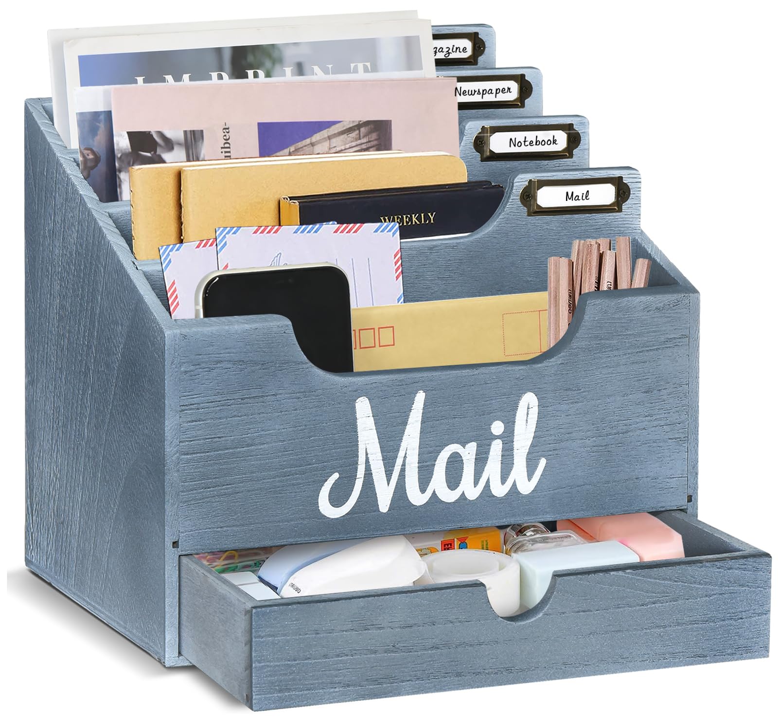 Wooden Desktop Mail Organizer with 4 Large Compartments & Drawer - Office Desk Accessory for Letters, Files, Papers & Folders - Perfect for Home Office, Reception Area & Workspace Organization