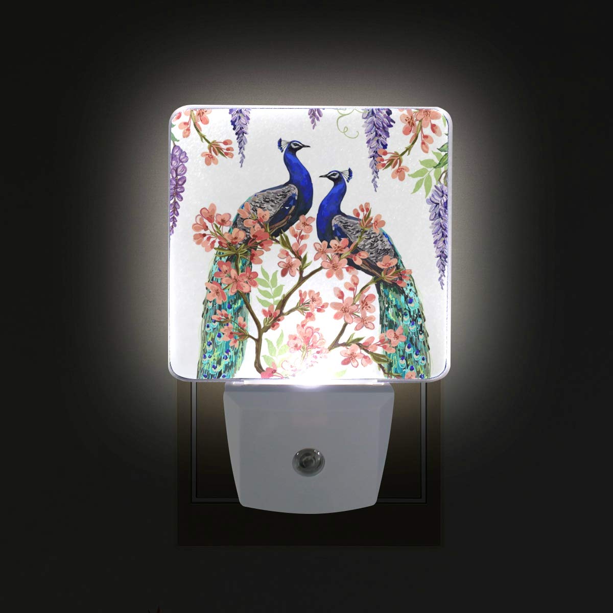 Vikko 2 Pack LED Floral Wisteria Cherry Blossom Night Light with Peacock Design - Dusk to Dawn Sensor Plug-in Nightlight for Bedroom, Living Room, Hallway - Perfect for Kids & Adults Home Decor (Ideal for Nursery, Bathroom, Staircase Safety Lighting)