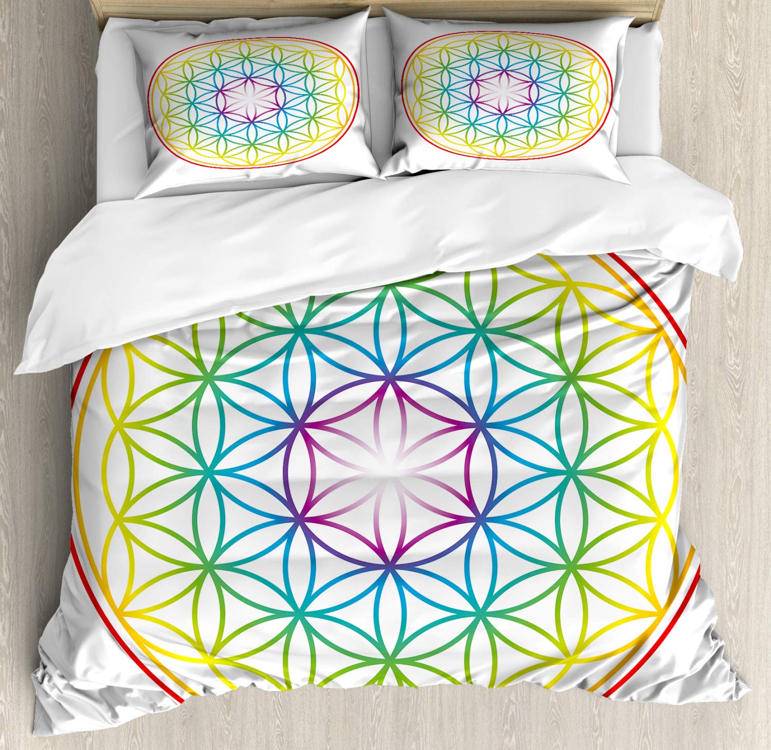 Ambesonne Colorful Duvet Cover Set - Flower of Life Pattern with Radiant Cosmic Space Print | 3-Piece Bedding Set with 2 Pillow Shams | California King Size | Multicolor | Perfect for Boho & Modern Bedroom Decor | Great Gift for Home & Apartment
