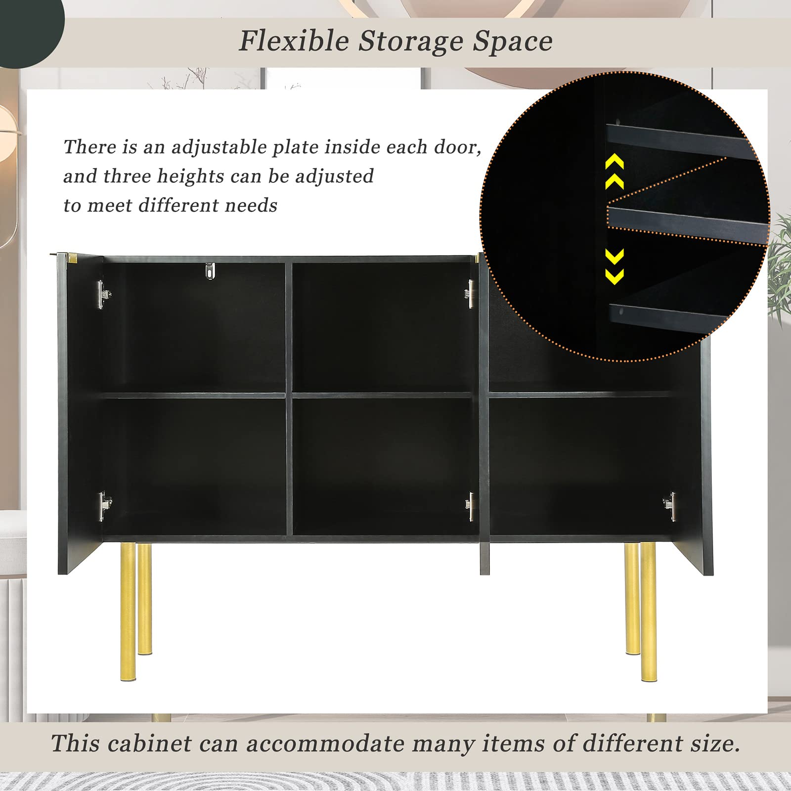 Modern 3-Door Kitchen Buffet Cabinet with Adjustable Shelves - Light Luxury Floor Cabinet with Gold Metal Legs & Handles, Wood Accent Storage for Living Room & Dining Room (47.2