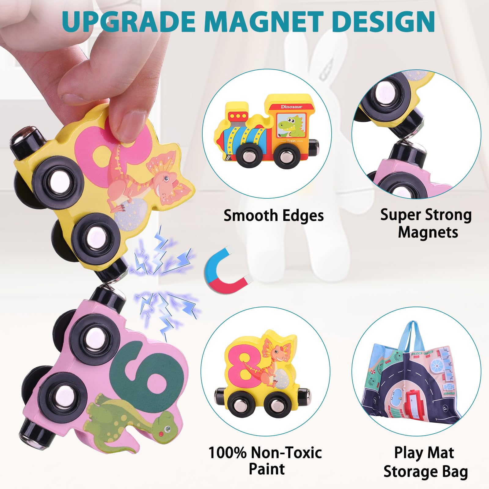 **Magnetic Wooden Dinosaur Train Set for Toddlers 1-4 Years - 11-Piece Montessori Learning Toy with Play Mat & Storage Bag - Perfect Christmas, Birthday, Easter Gift for Kids - Educational Dinosaur Toys for Home & Preschool Play**