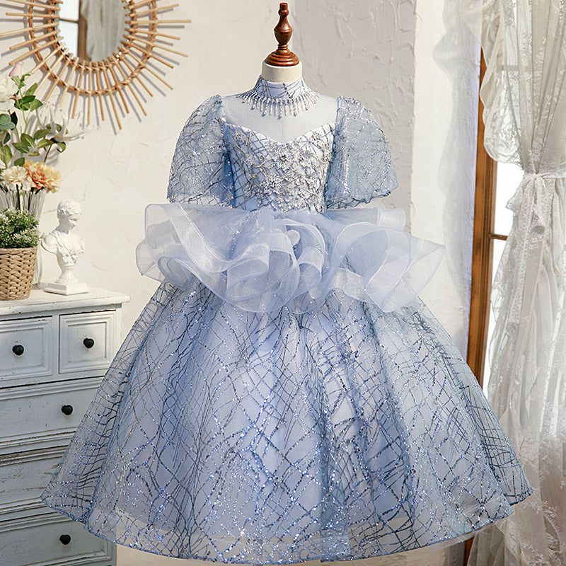 Dusty Blue Sequin Princess Dress with Ruffles & Puff Sleeves - Elegant Floor-Length Party Gown for Weddings, Prom & Special Occasions