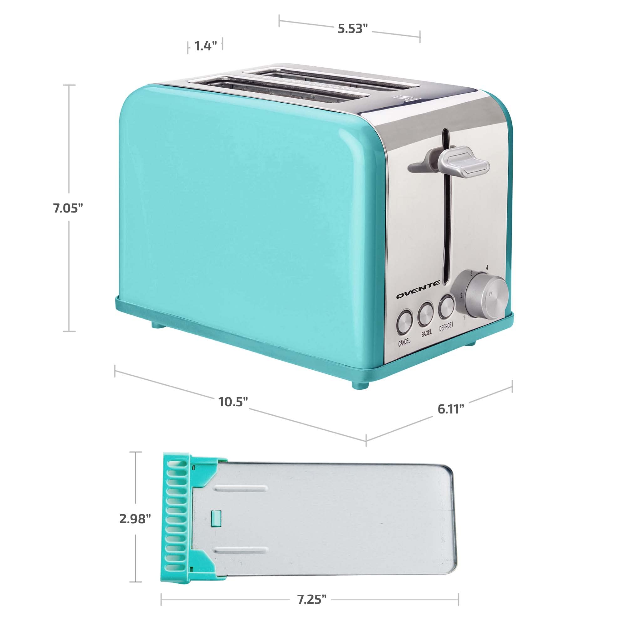 OVENTE 2 Slice Toaster with Extra Wide Slots - 6 Browning Settings, Stainless Steel Body & Removable Crumb Tray - Compact Countertop Toaster for Bread, Bagels, Muffins, Croissants & Waffles (Turquoise TS2450T) - Perfect for Breakfast, Kitchen, Dorm & Office Use