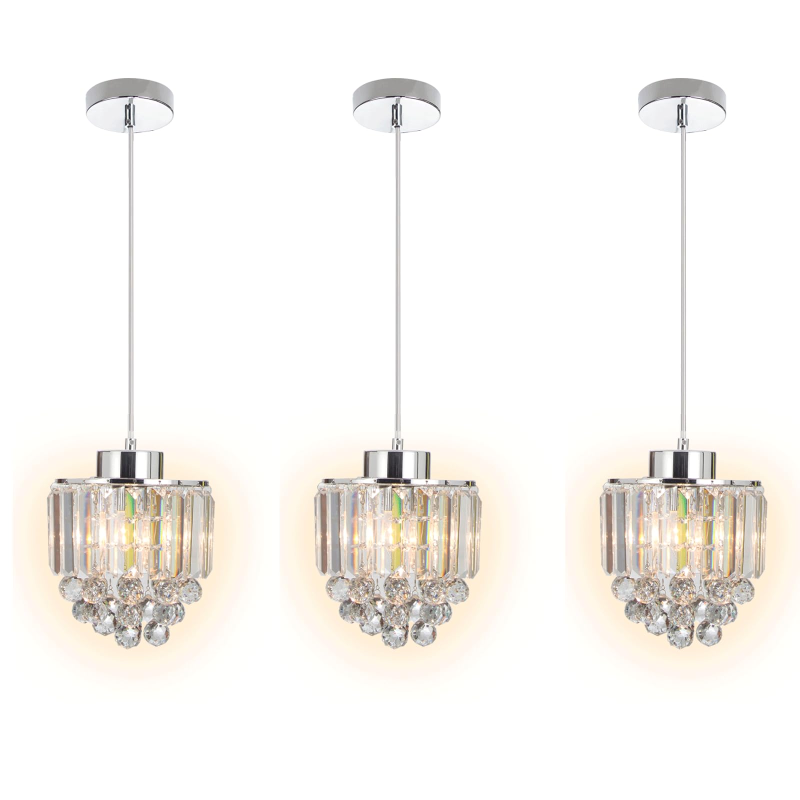 3 Pack Crystal Pendant Light Fixtures - Modern Chrome Chandelier for Kitchen Island, Dining Room, Living Room & Bar | Elegant Hanging Lighting for Home Decor & Commercial Spaces