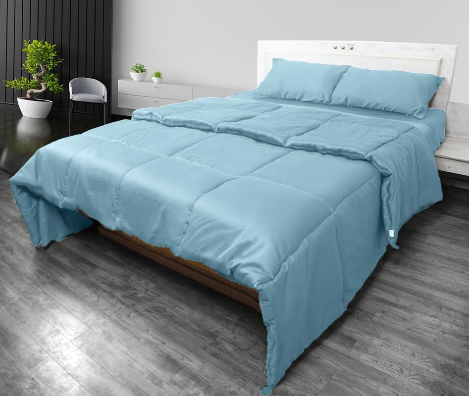 Ultra-Soft 3-Piece Box Stitched Cotton Comforter Set - Luxury Hotel-Quality Bedding, Wrinkle & Allergen Resistant, Breathable for All Seasons (Light Blue, King/California King Size) - Perfect for Master Bedrooms, Guest Rooms & Airbnbs