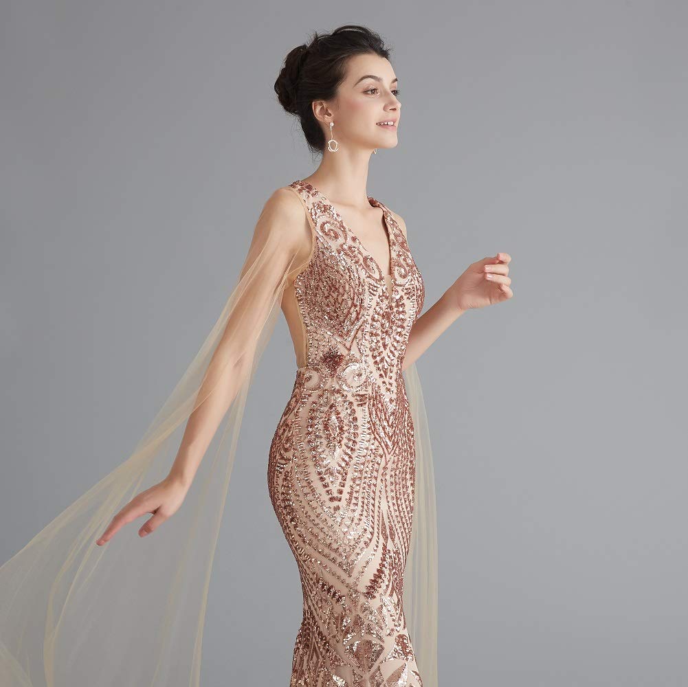 Engerla Sequin Prom Dress Mermaid Evening Gown - Silver Sparkly Maxi Dress with V Neck for Bridal Party, Homecoming, Pageant, and Formal Events