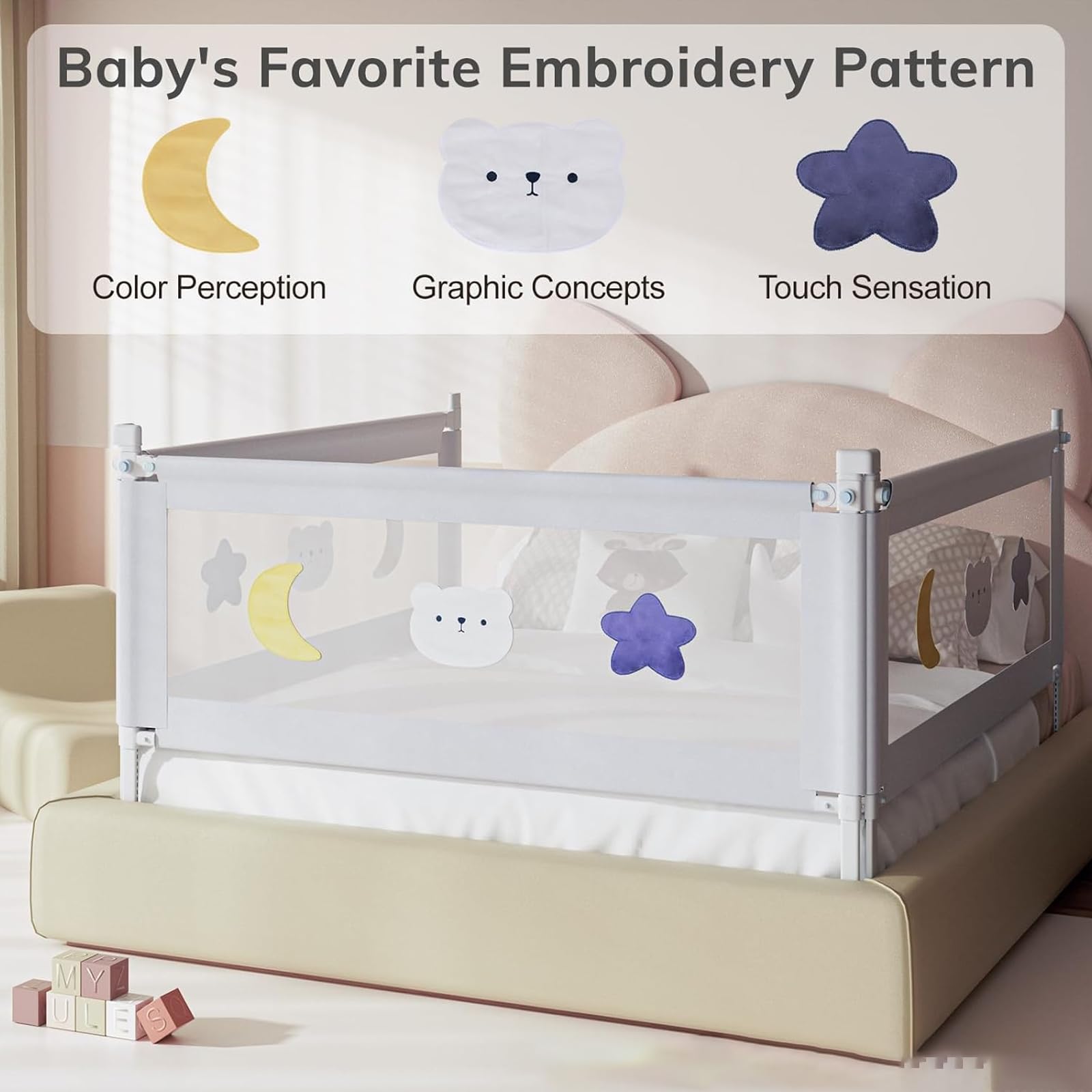 1*Baby Bed Rail with Double Child Lock - Adjustable Toddler Safety Guardrail for Queen Size Bed - Non-Slip Kids Bed Rail with Cute Patterns - Perfect for Nursery, Daycare & Home Use