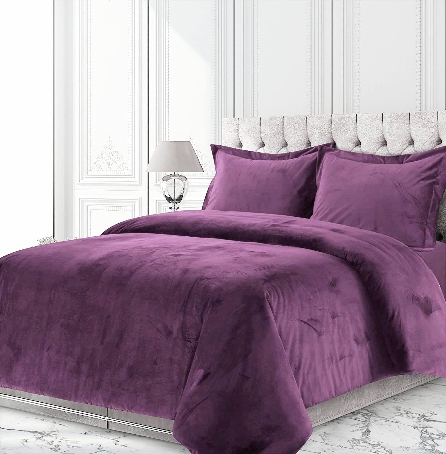 Laxo Crafts 3-Piece Velvet Comforter Set - Full Size, 500 GSM Crushed Velvet Duvet with 2 Pillowcases (Plum) | Ultra Soft Sherpa Quilt for Bedroom, Guest Room & Cozy Winter Nights