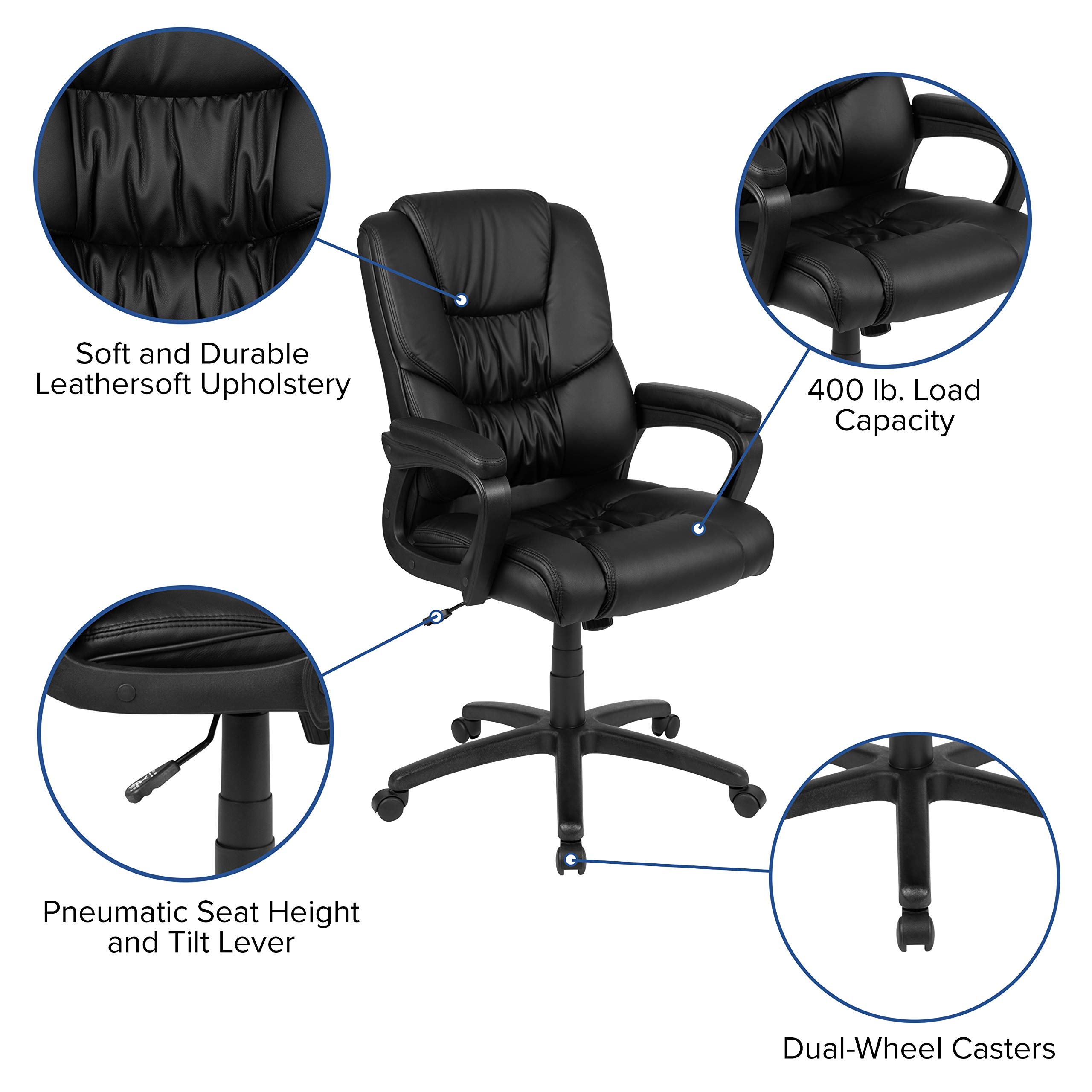 Flash Furniture Big & Tall Swivel LeatherSoft Office & Gaming Chair - Ergonomic Adjustable Height Executive Chair with Padded Armrests - Perfect for Home Office, Gaming Setup & Workspace (Black)