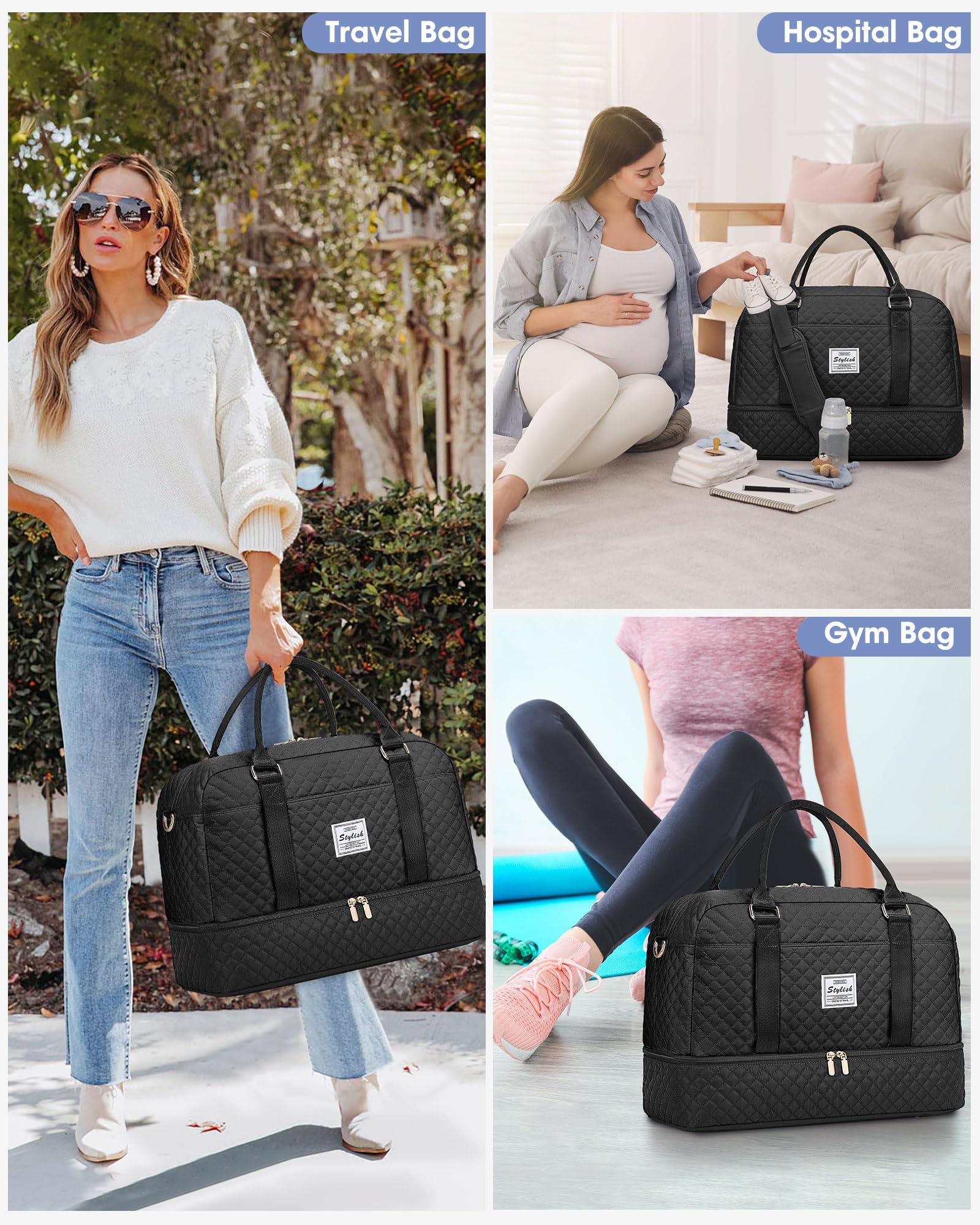 Women's Travel Weekender Bag with Shoe Compartment & Wet Pocket - Gym Yoga Duffel Carry On Overnight Bag for Hospital Labor Delivery - Perfect for Travel, Workout, Maternity & Weekend Getaways (Black)