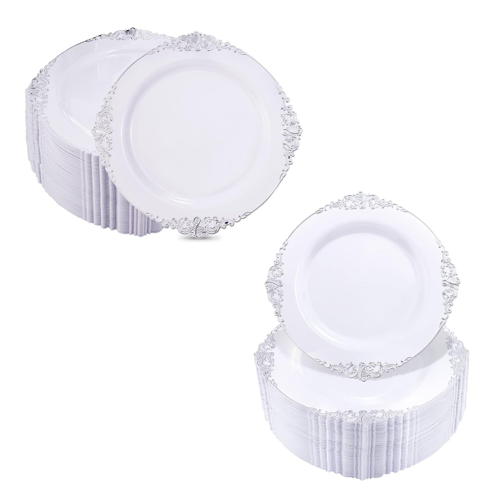 Hioasis 200-Pack Silver Plastic Plates & White with Silver Disposable Plates - 10.25 Inch & 7.5 Inch Elegant Dinnerware - Perfect for Christmas, Wedding, Party & Holiday Gatherings - Ideal for Buffets, Catering & Outdoor Events