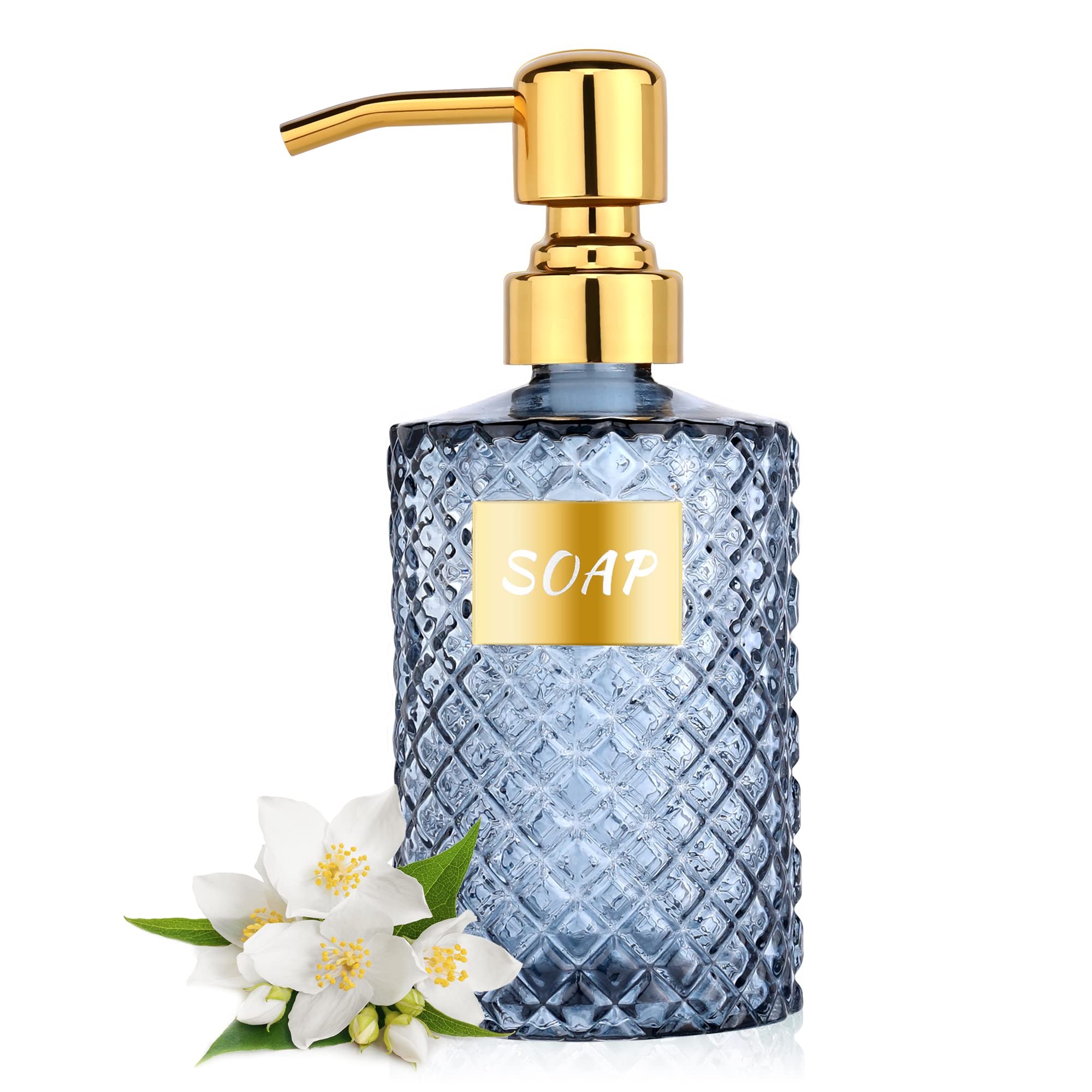 12OZ Diamond Glass Soap Dispenser with Gold 304 Stainless Steel - Elegant Bathroom & Kitchen Liquid Dispenser for Hand Soap, Shower Gel, Dish Soap, Lotion & More (Blue) - Perfect for Home, Office & Spa Decor
