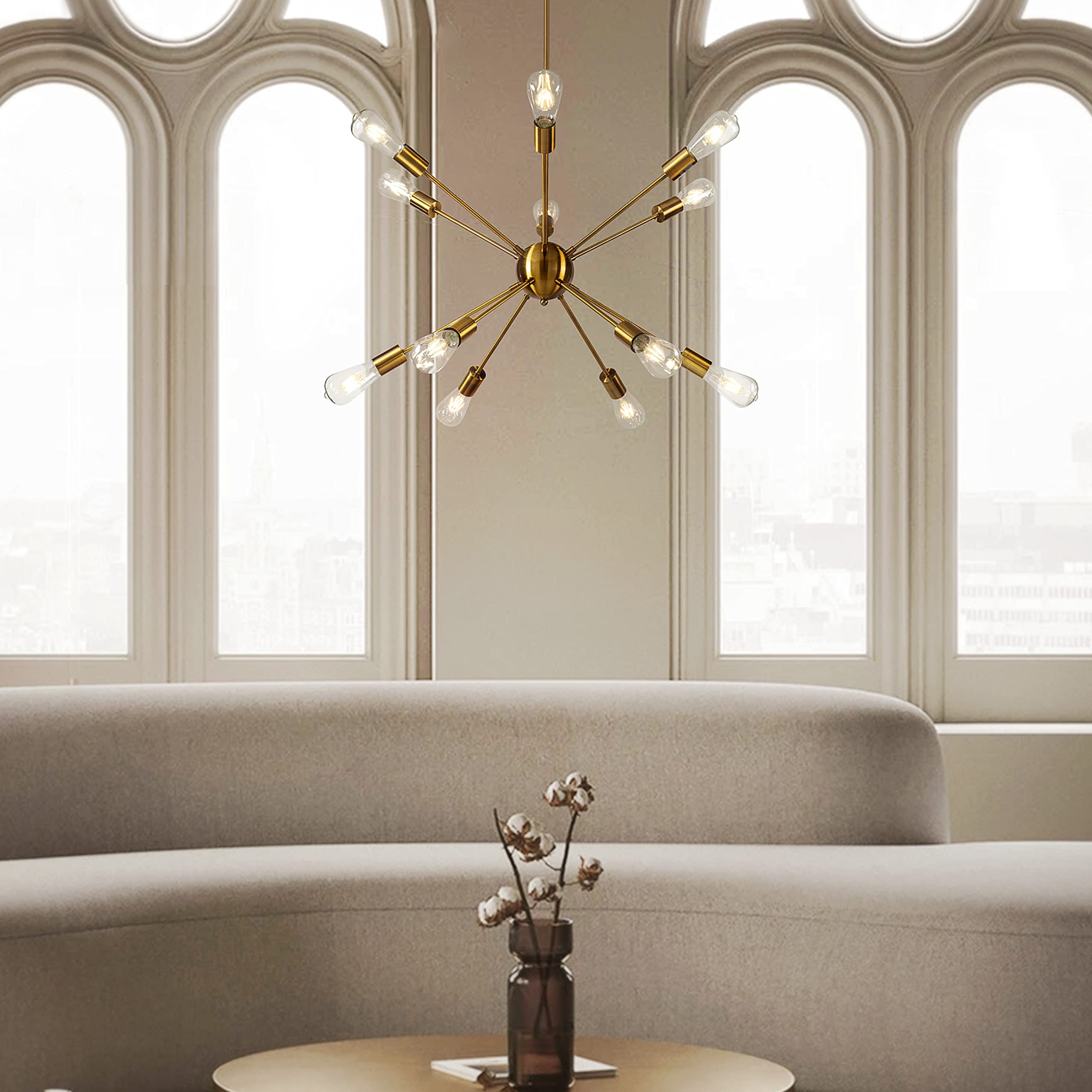 ALOADECOR Mid Century Modern Sputnik Chandelier - 30 Inch Antique Bronze Semi Flush Mount Ceiling Light Fixture with 12 E26 Bulbs (Gold) - Perfect for Dining Room, Living Room, and Bedroom Lighting Decor