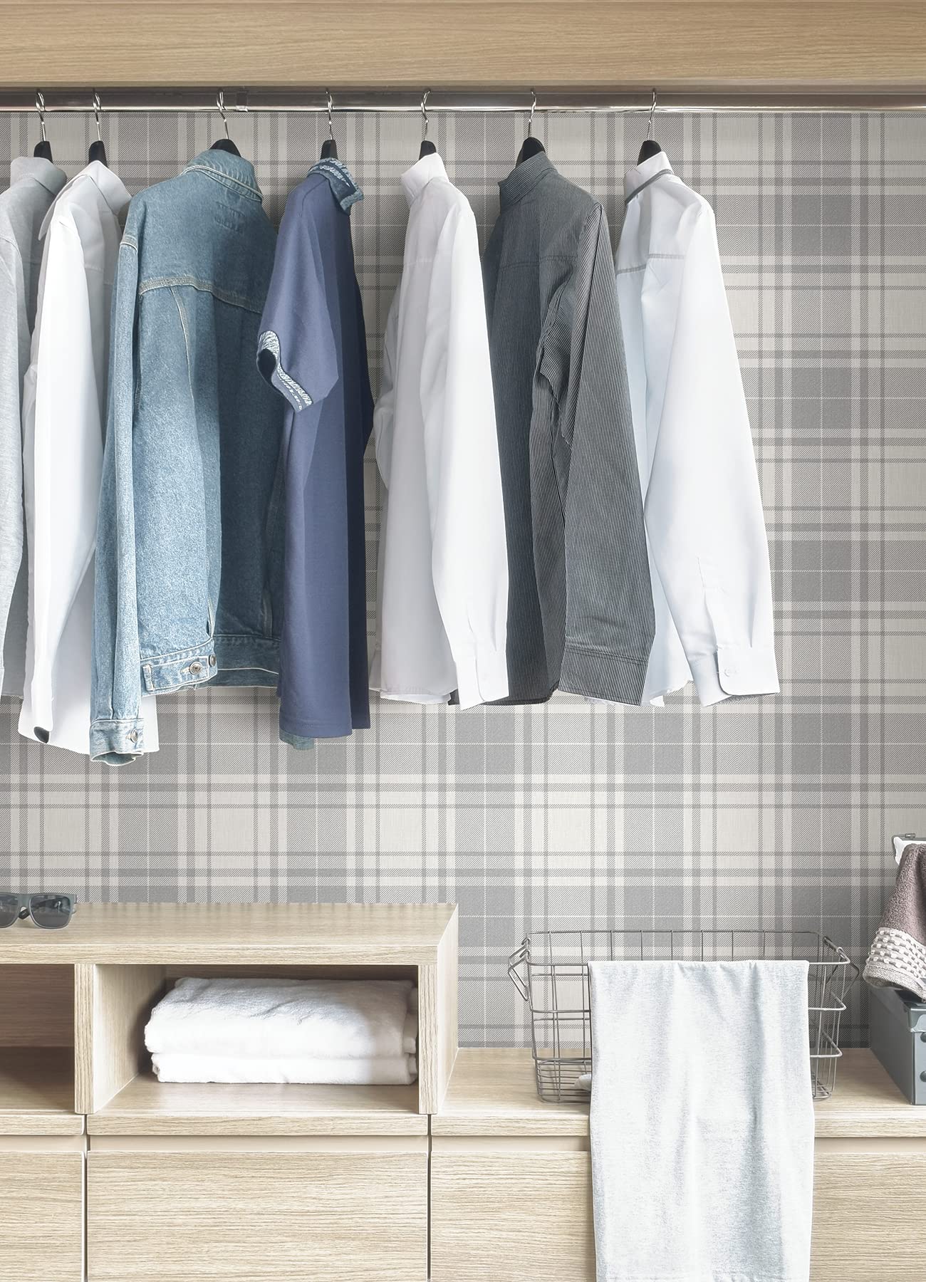 Franklin Plaid Grey Peel and Stick Wallpaper - Self-Adhesive Removable Wallpaper for Bedroom, Living Room, Home Office Decor - Easy DIY Wall Covering for Renters and Homeowners