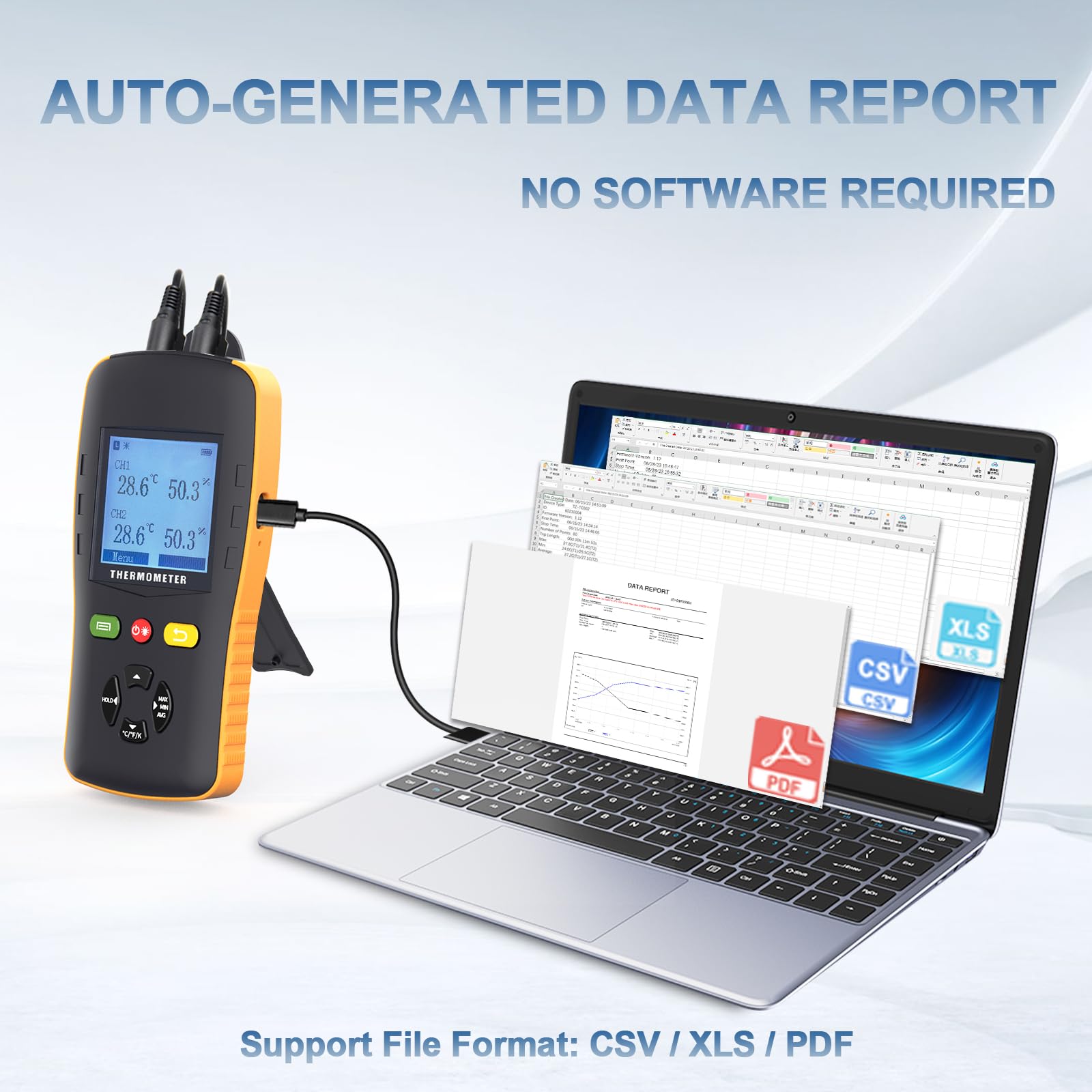 Dual Channel Temperature and Humidity Data Logger with USB Probe - Industrial Handheld Thermometer Hygrometer with Auto Report & Sound Alarm for Greenhouse, Freezer, Warehouse, and Lab Monitoring