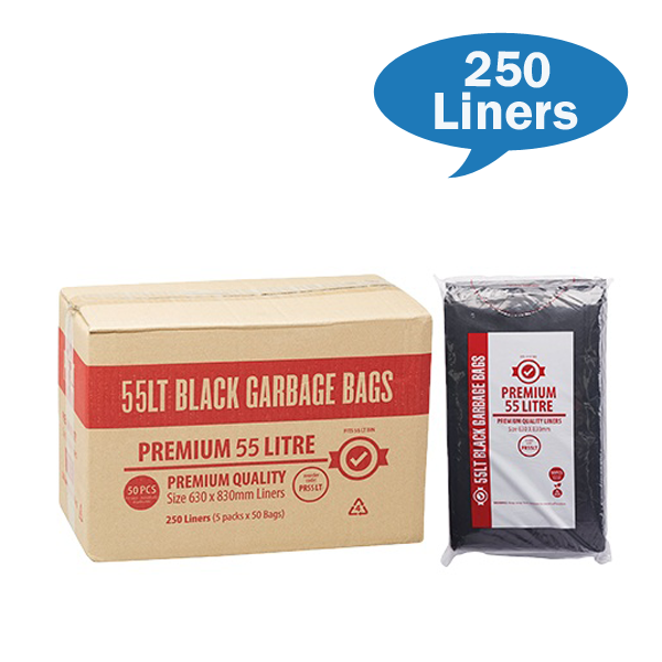 Premium Heavy Duty 55Lt Black Trash Bags - Extra Thick Garbage Bags for Kitchen, Office & Outdoor Use