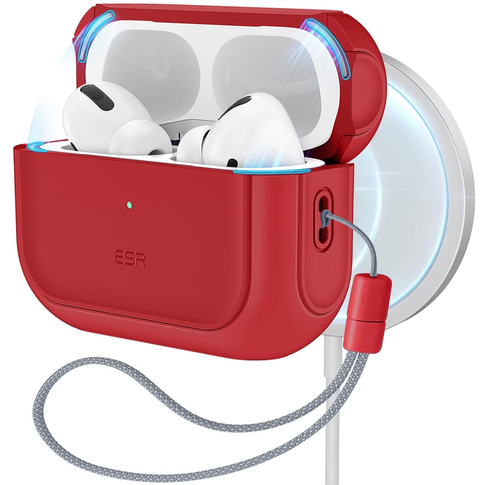 ESR HaloLock Case for AirPods Pro 2 & 1st Gen (2023/2022/2019) - MagSafe Compatible, Shockproof Protective Cover with Lanyard, Dark Red - Perfect for Gym, Travel & Everyday Use